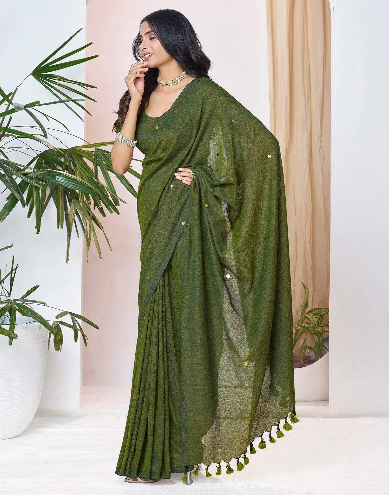 Olive Green Linen Sequence Saree