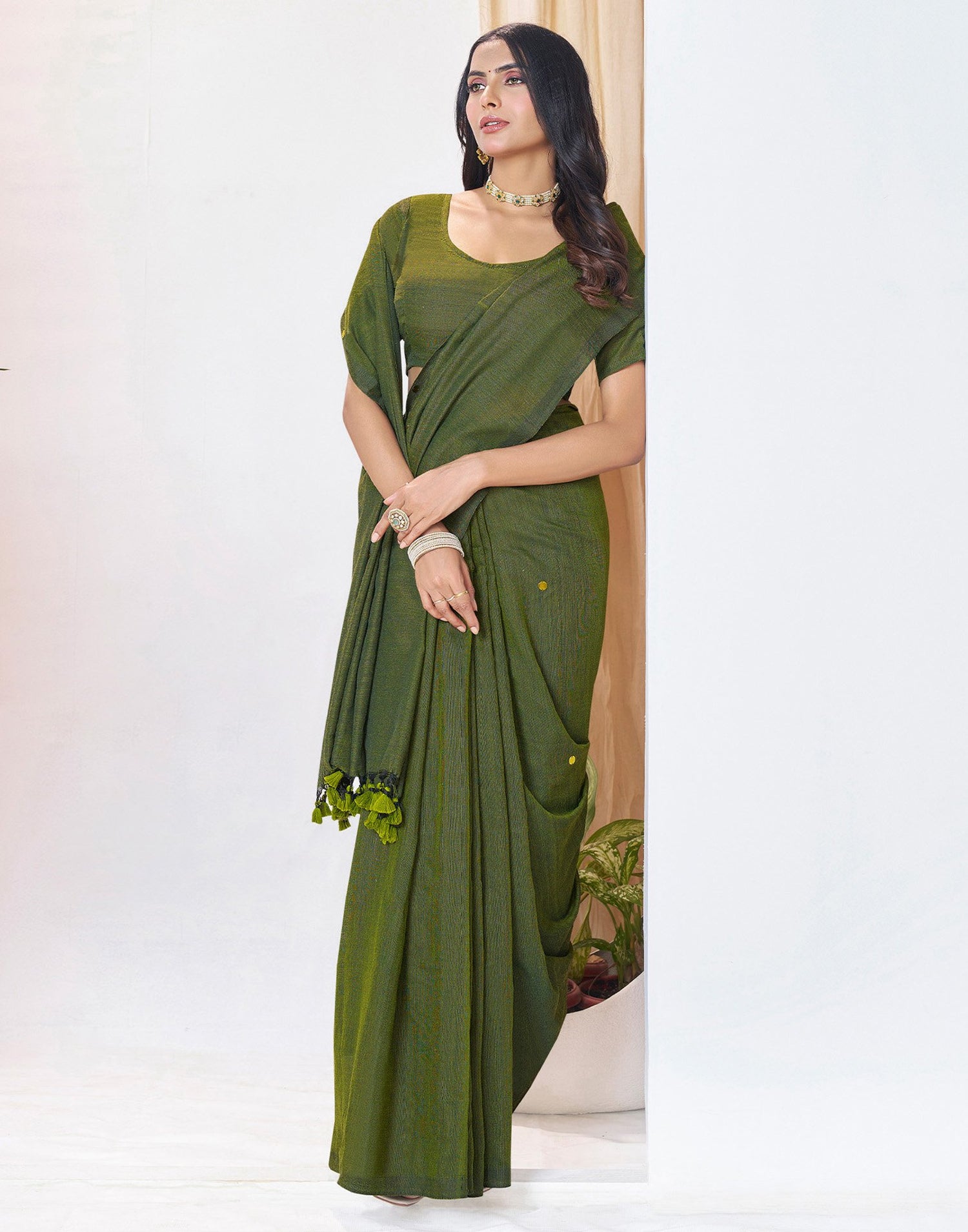 Olive Green Linen Sequence Saree