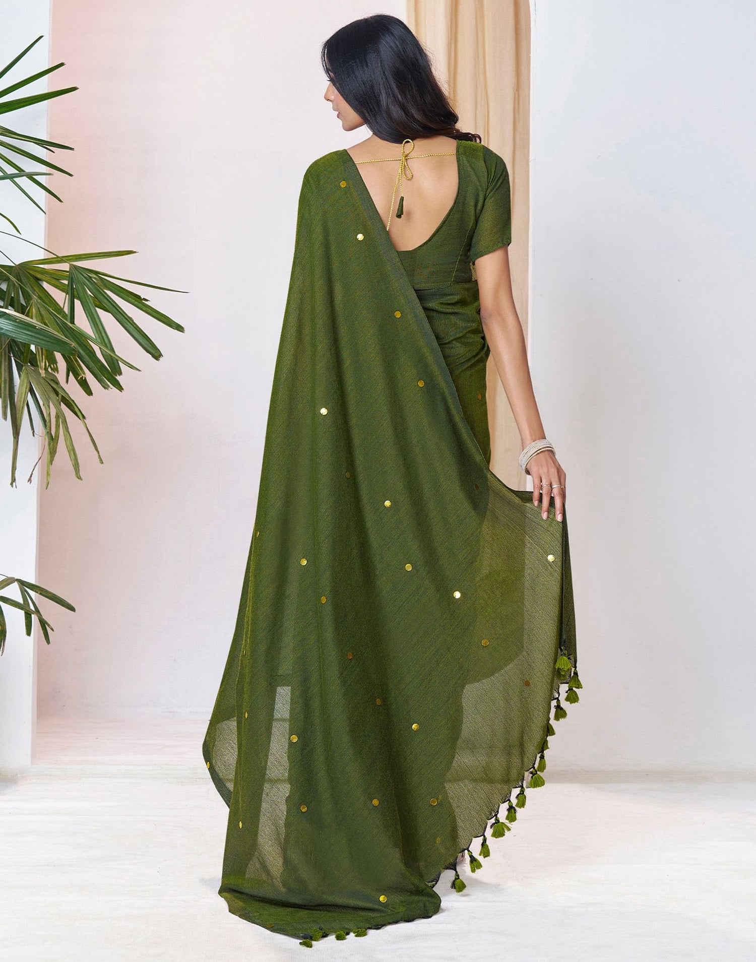 Olive Green Linen Sequence Saree