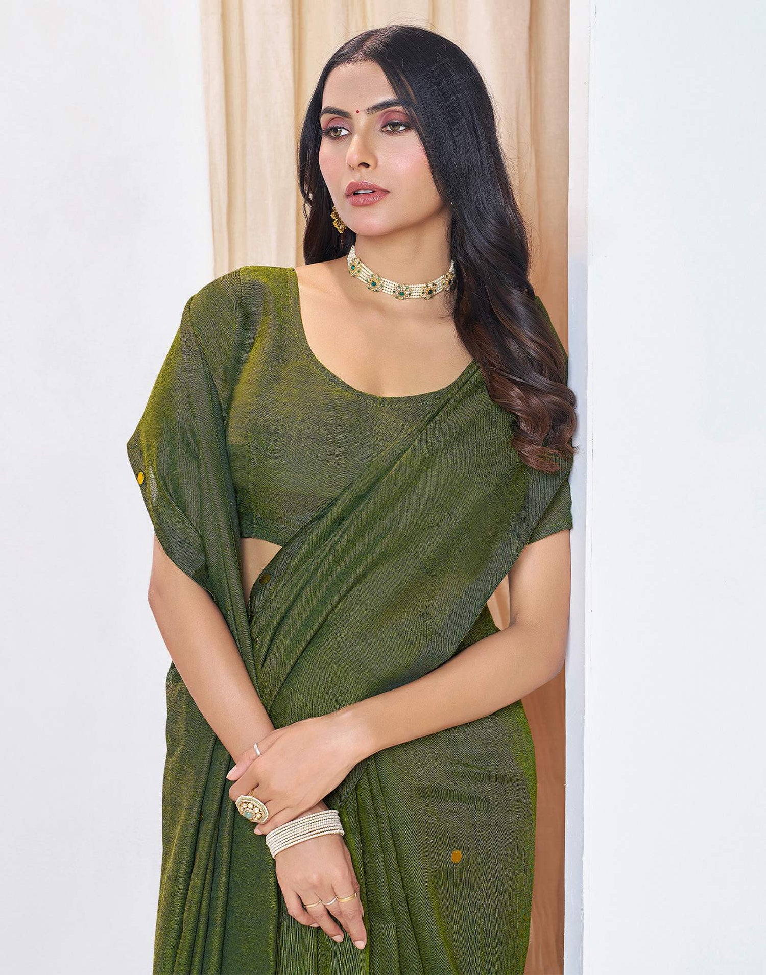 Olive Green Linen Sequence Saree