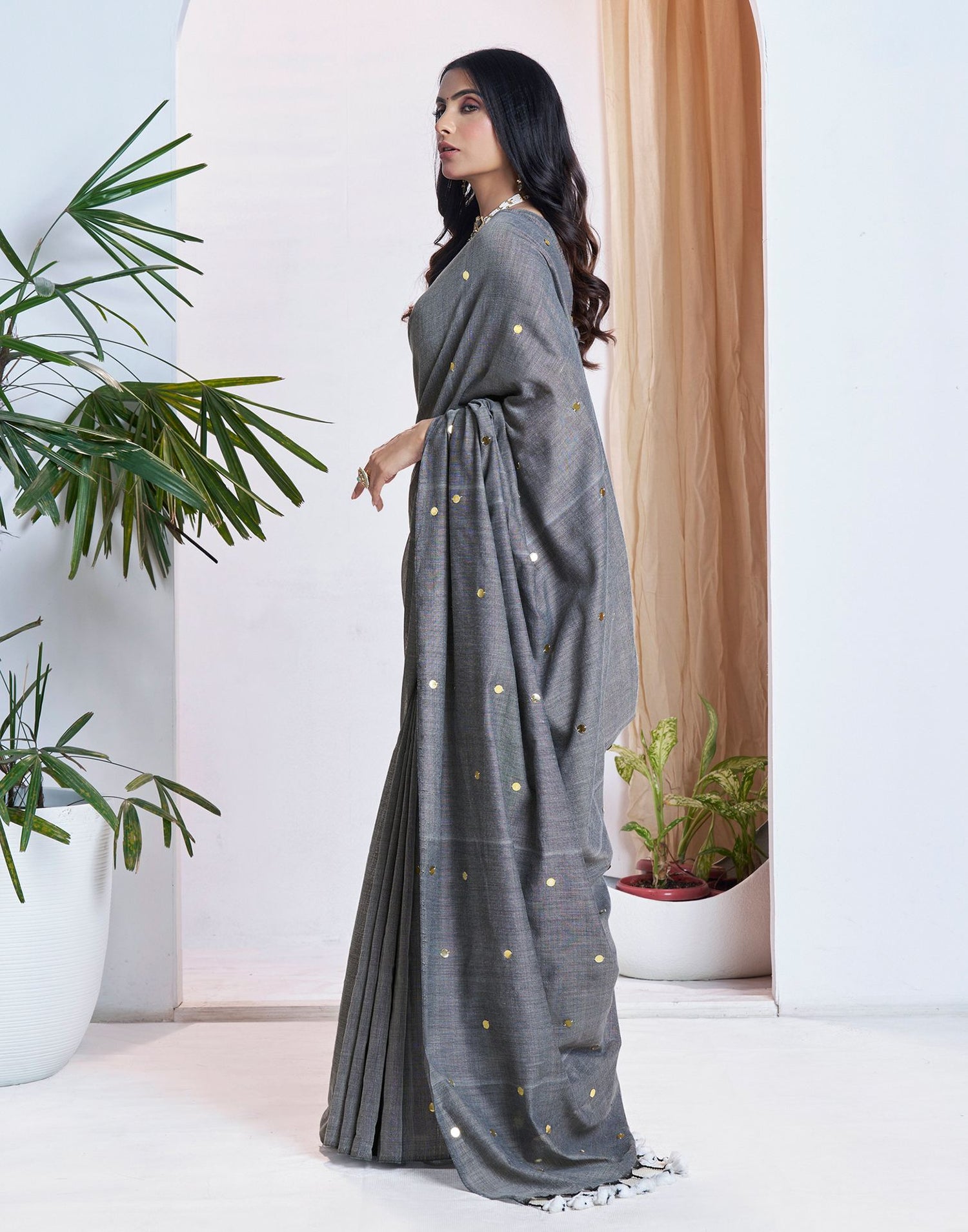 Grey Linen Sequence Saree