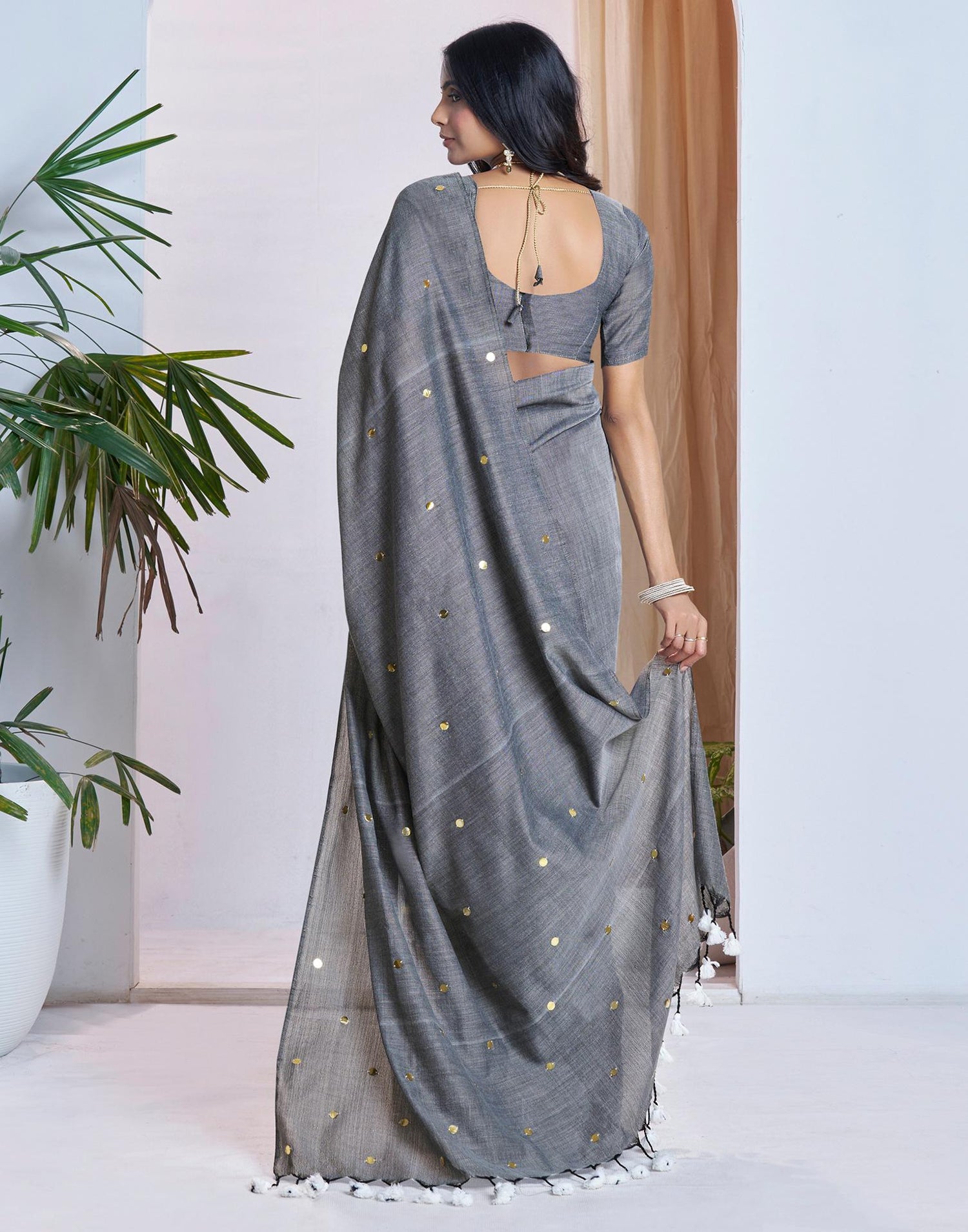 Grey Linen Sequence Saree