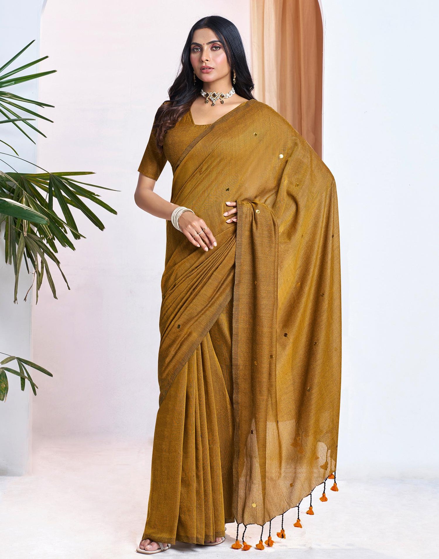 Mustard Yellow Linen Sequence Saree