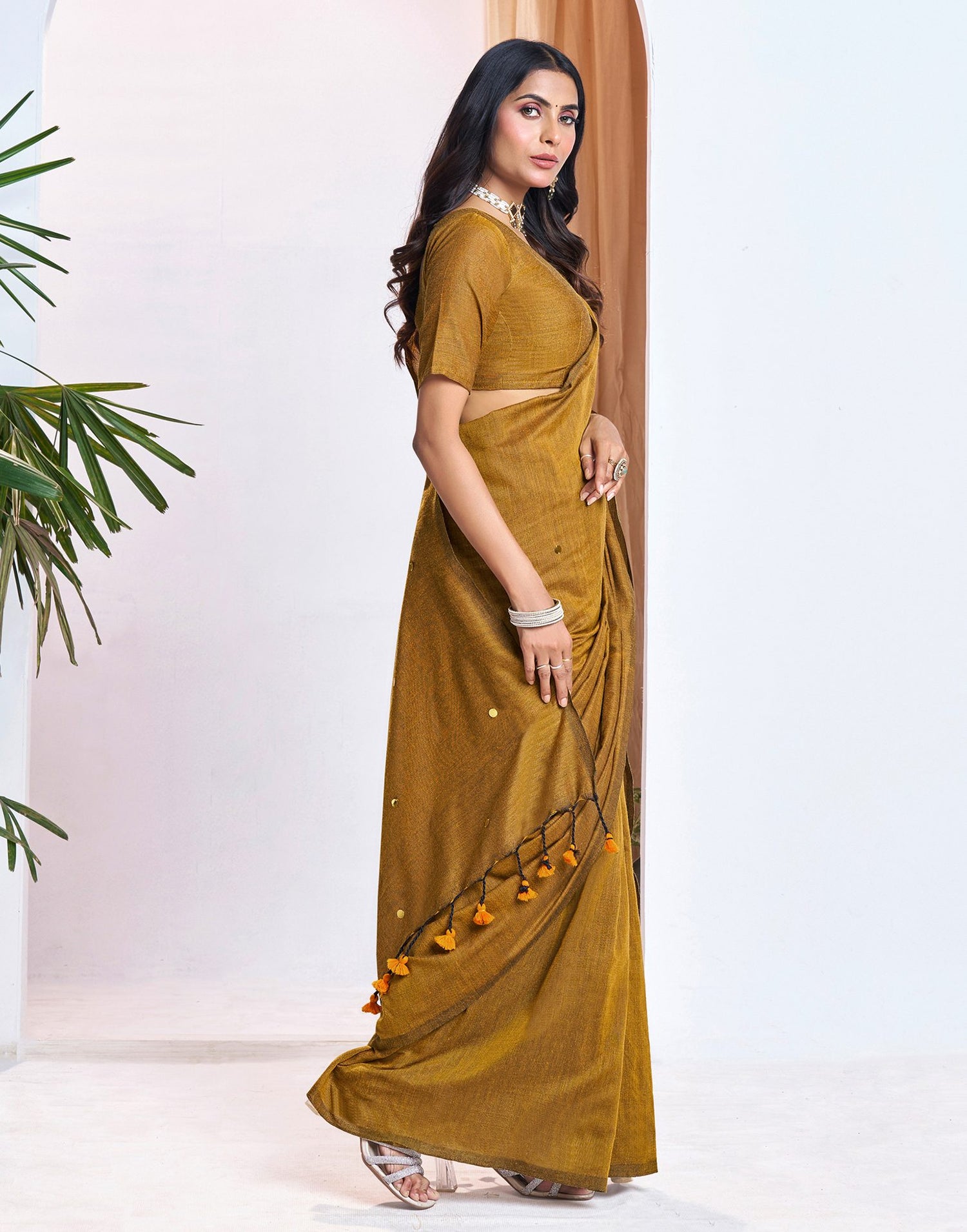 Mustard Yellow Linen Sequence Saree