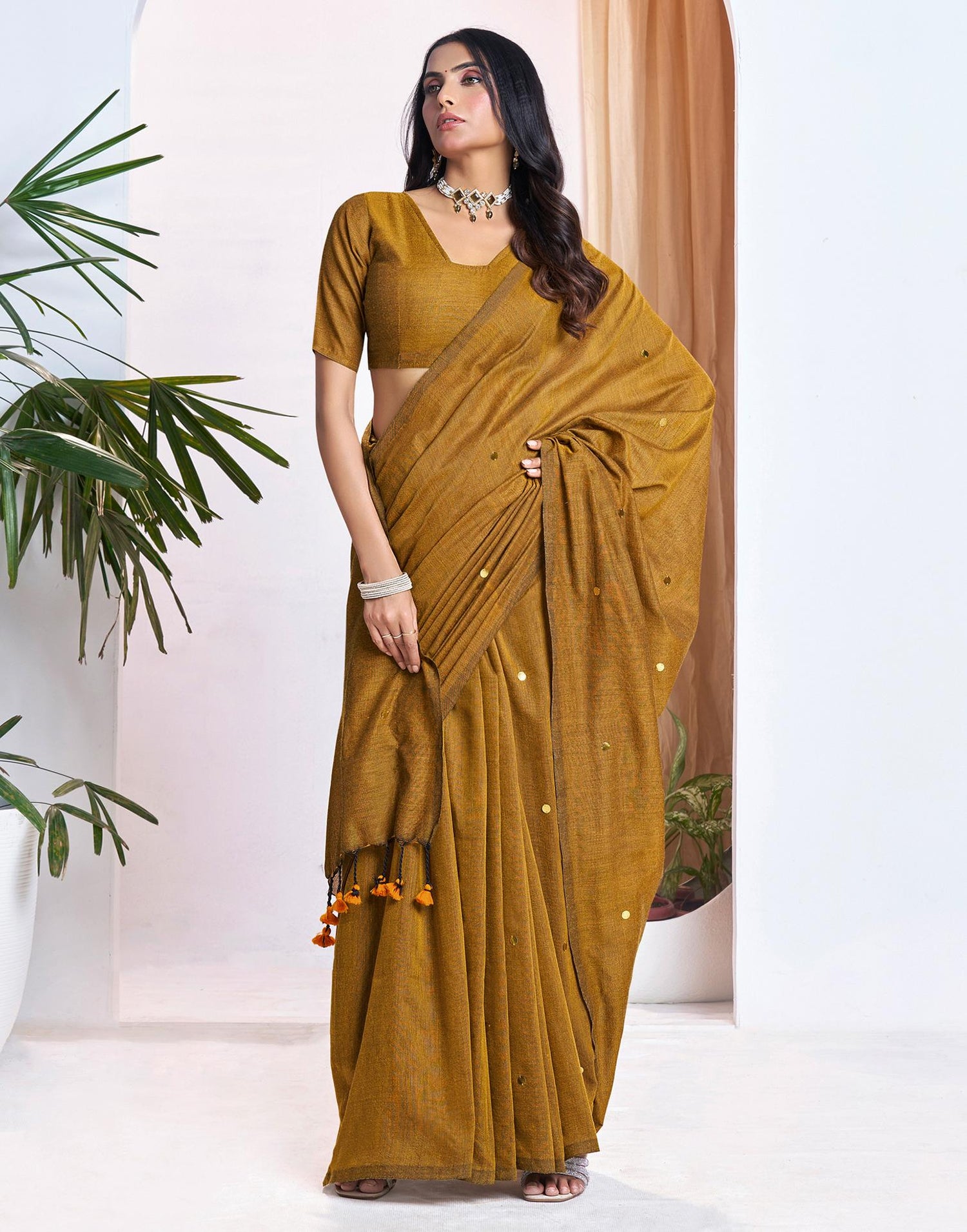 Mustard Yellow Linen Sequence Saree