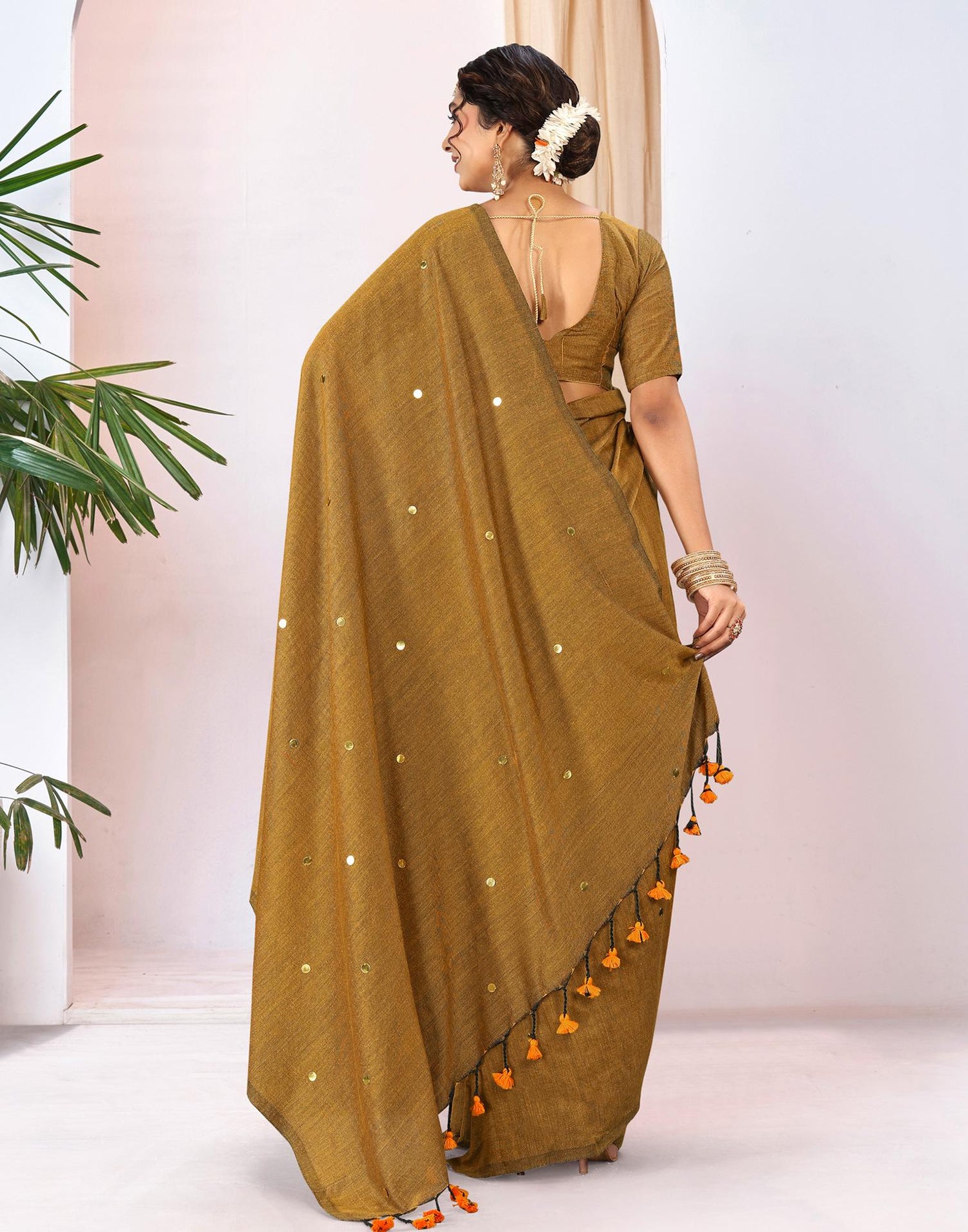 Mustard Yellow Linen Sequence Saree