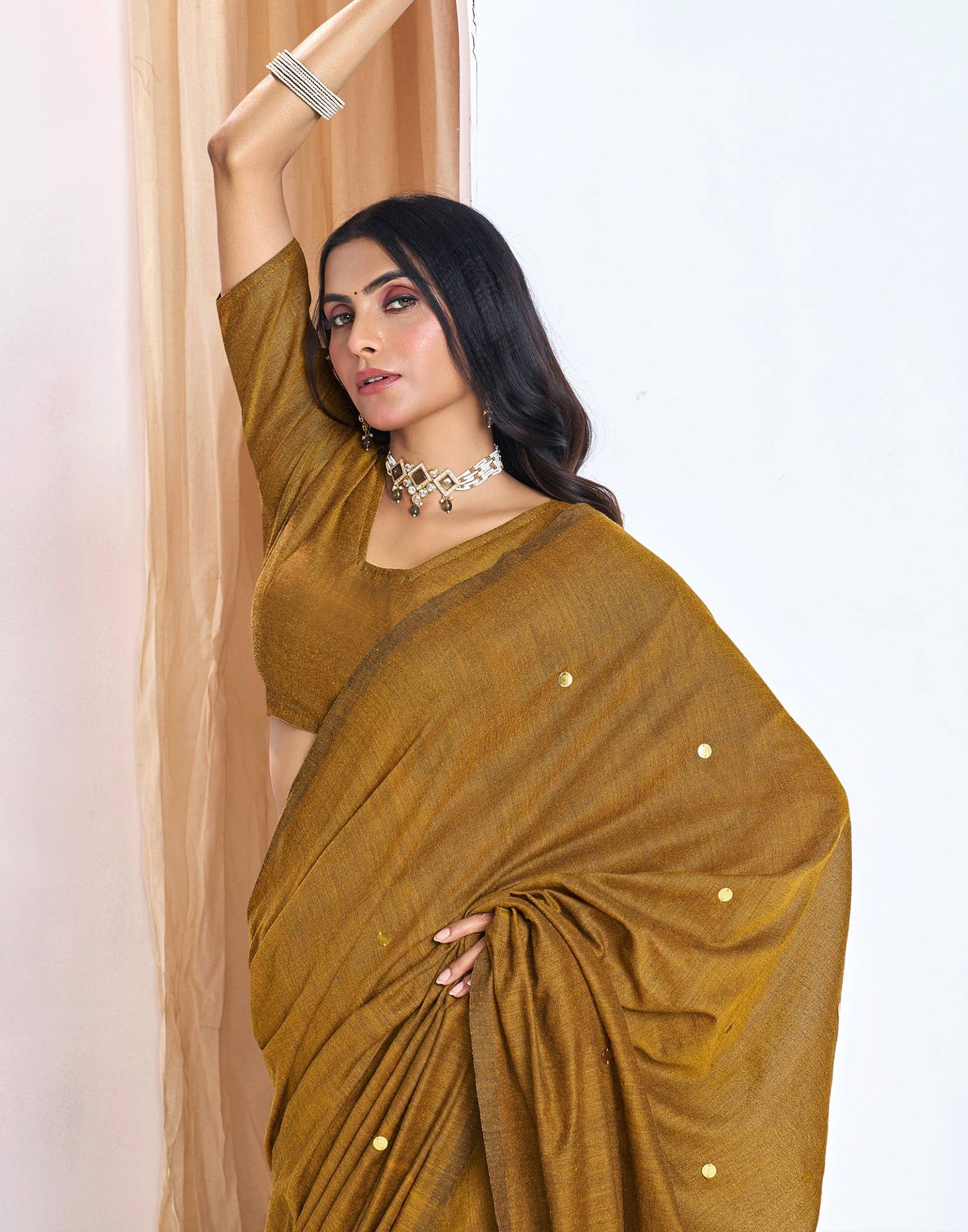 Mustard Yellow Linen Sequence Saree