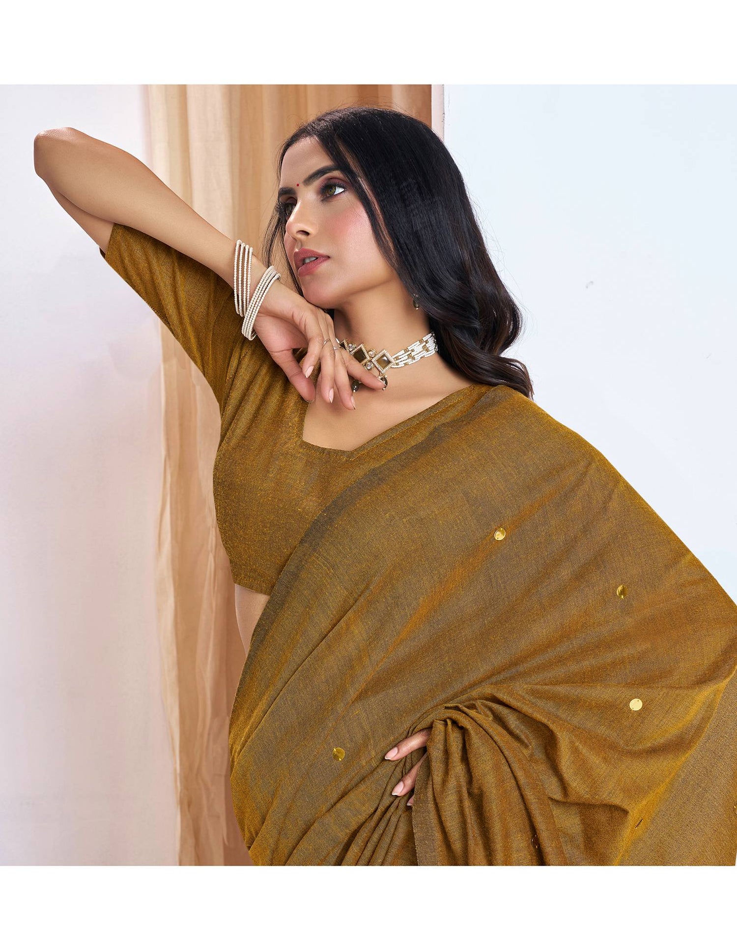 Mustard Yellow Linen Sequence Saree