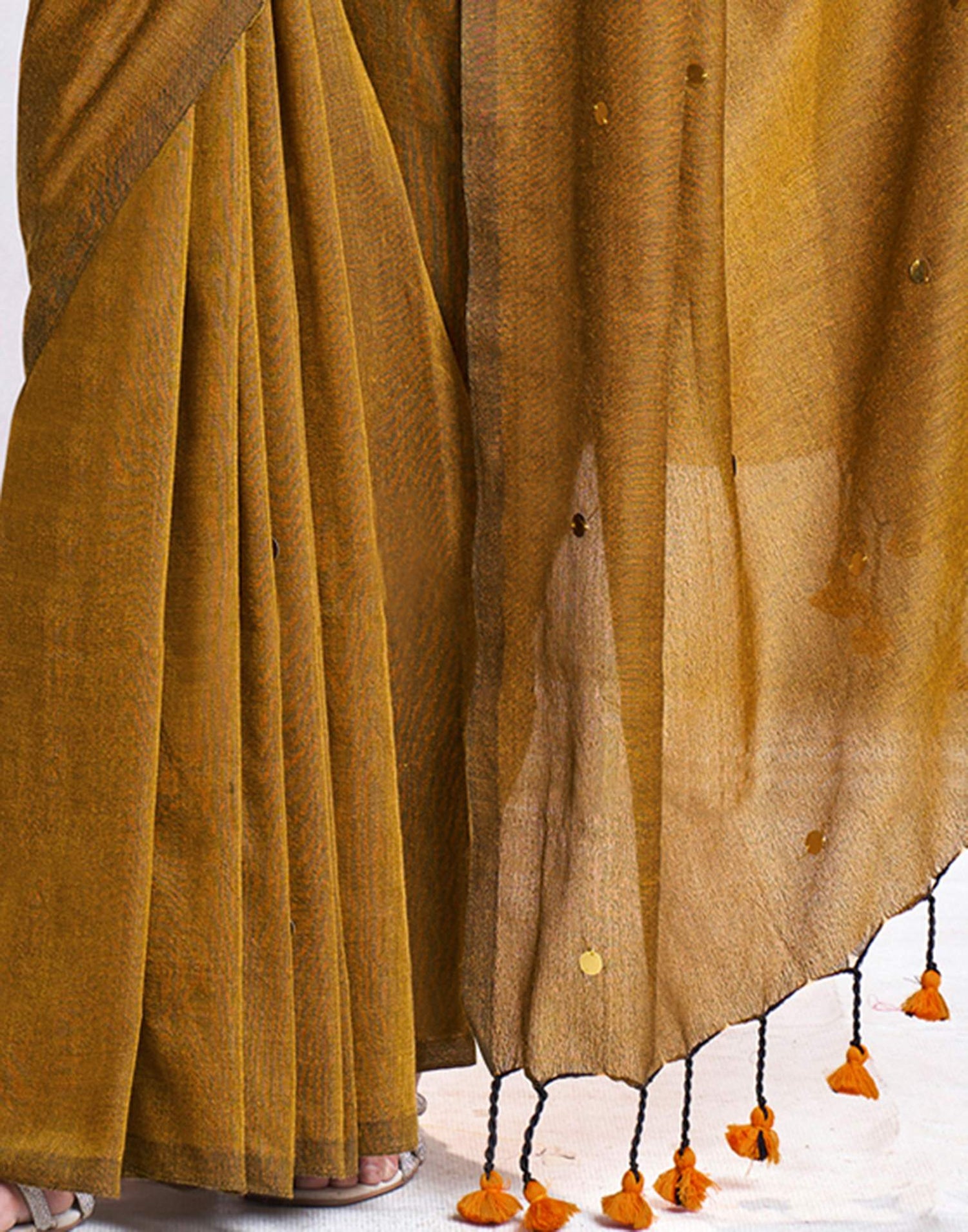 Mustard Yellow Linen Sequence Saree