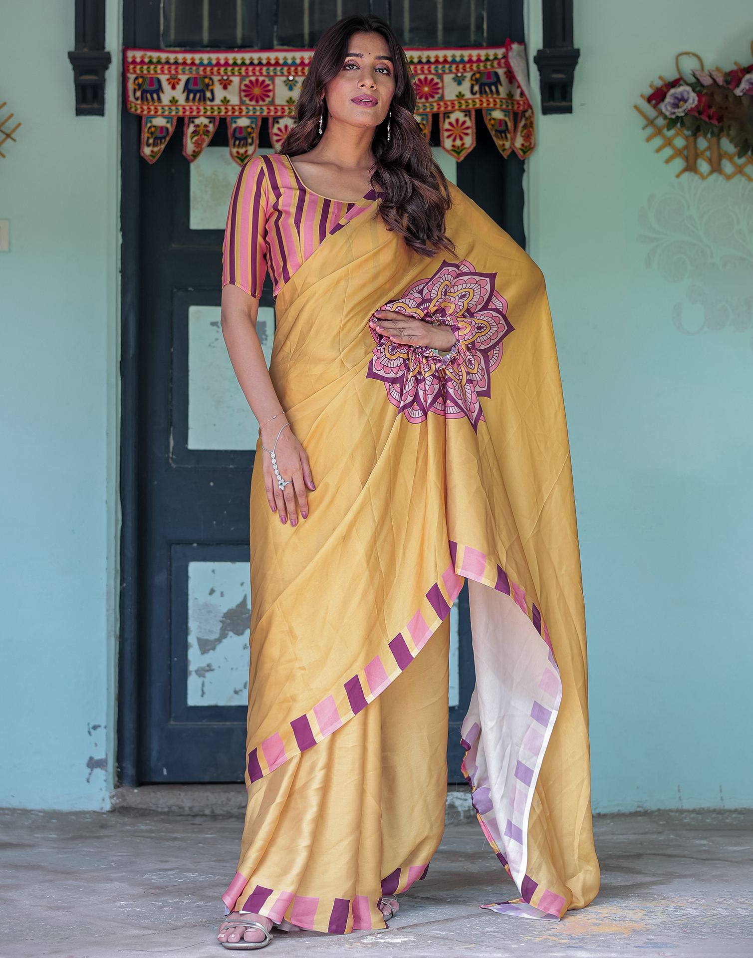 Handsfree Mustard Yellow Satin Printed Saree