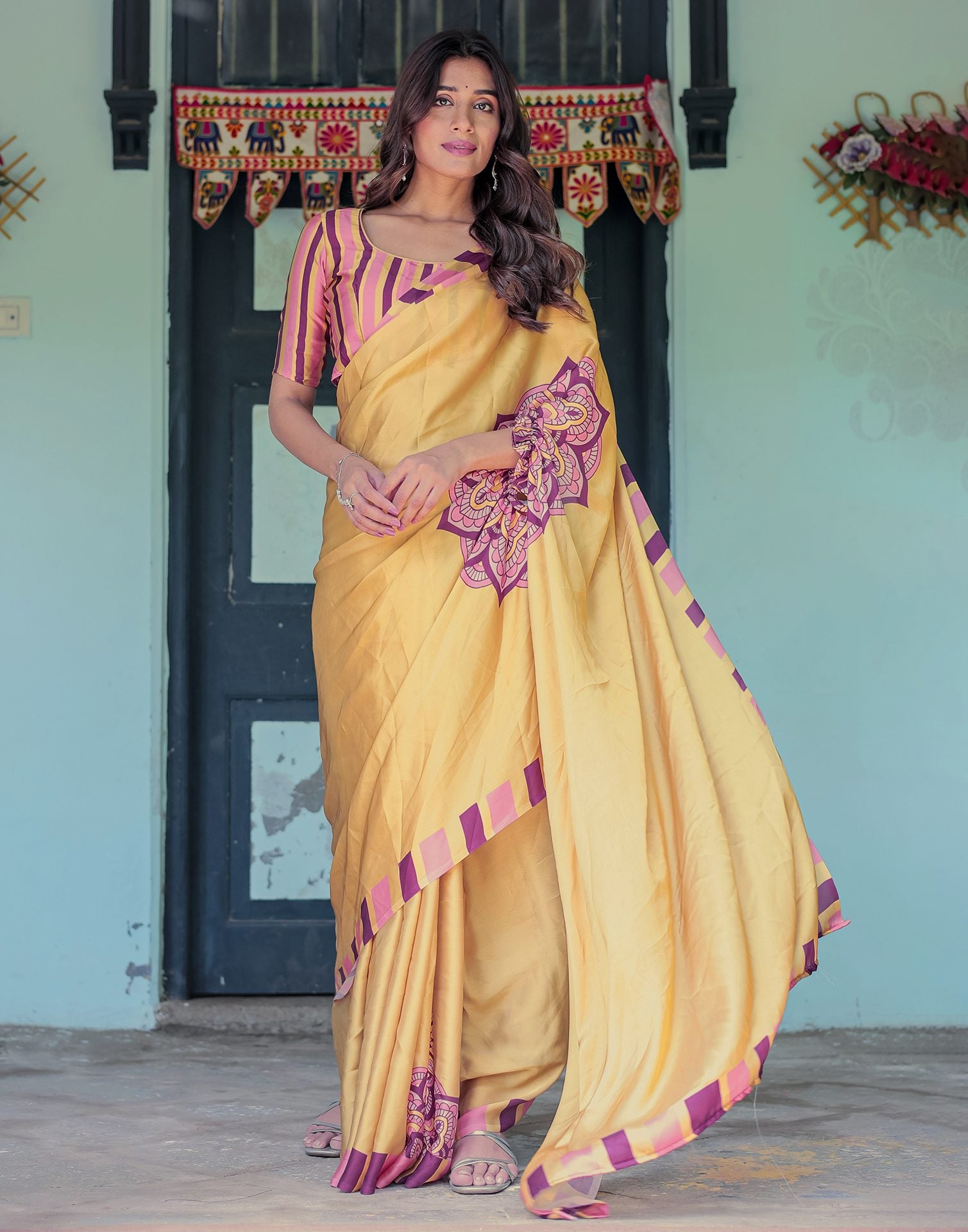 Handsfree Mustard Yellow Satin Printed Saree