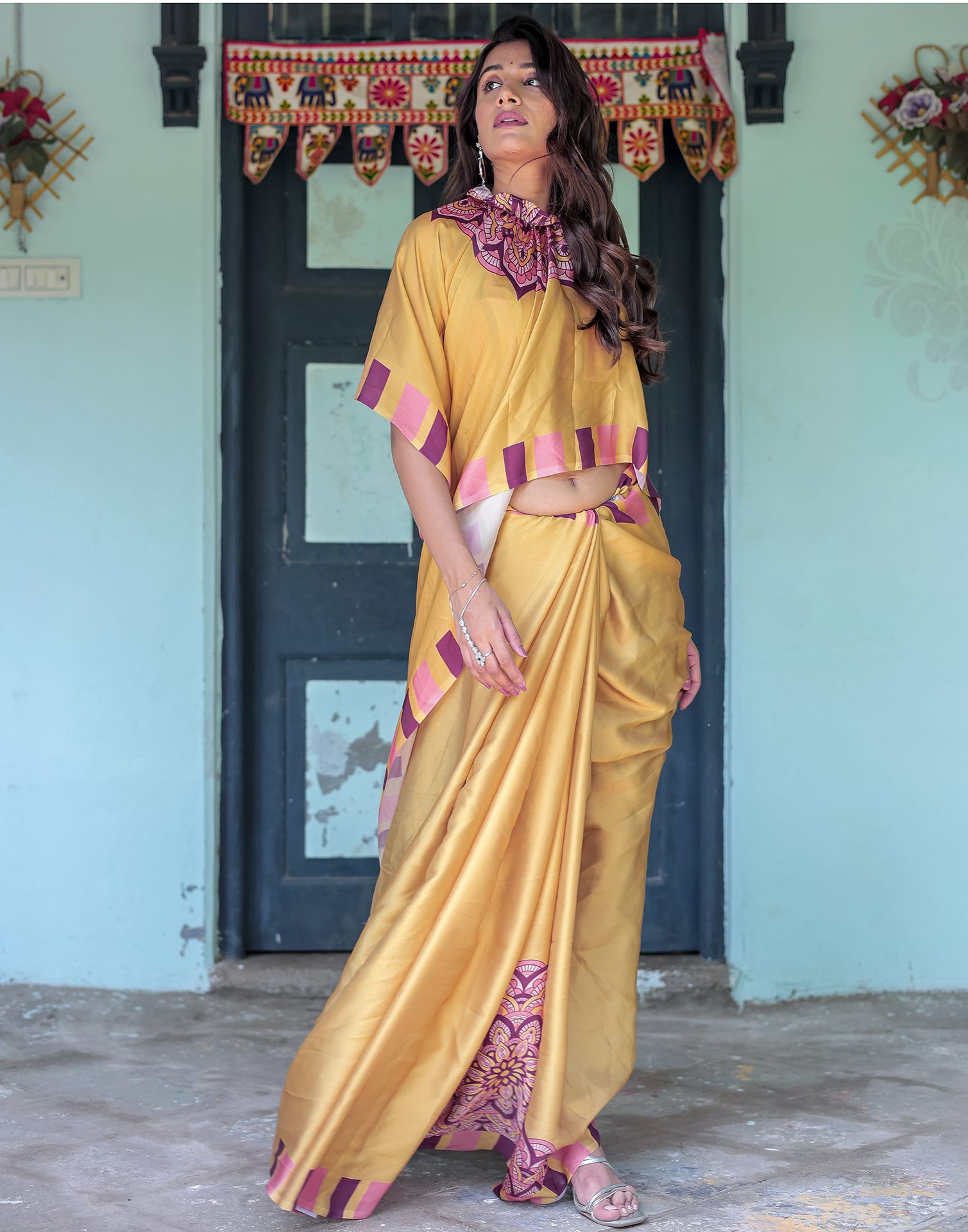 Handsfree Mustard Yellow Satin Printed Saree