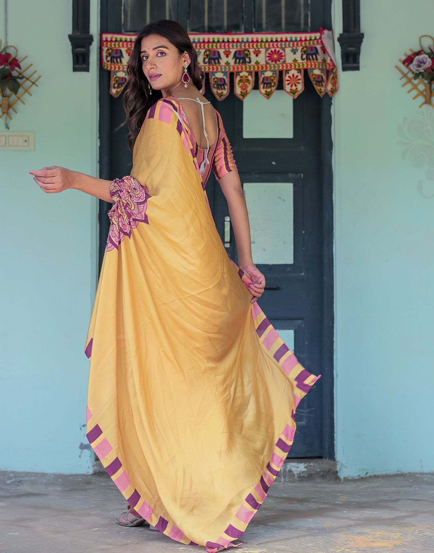 Handsfree Mustard Yellow Satin Printed Saree