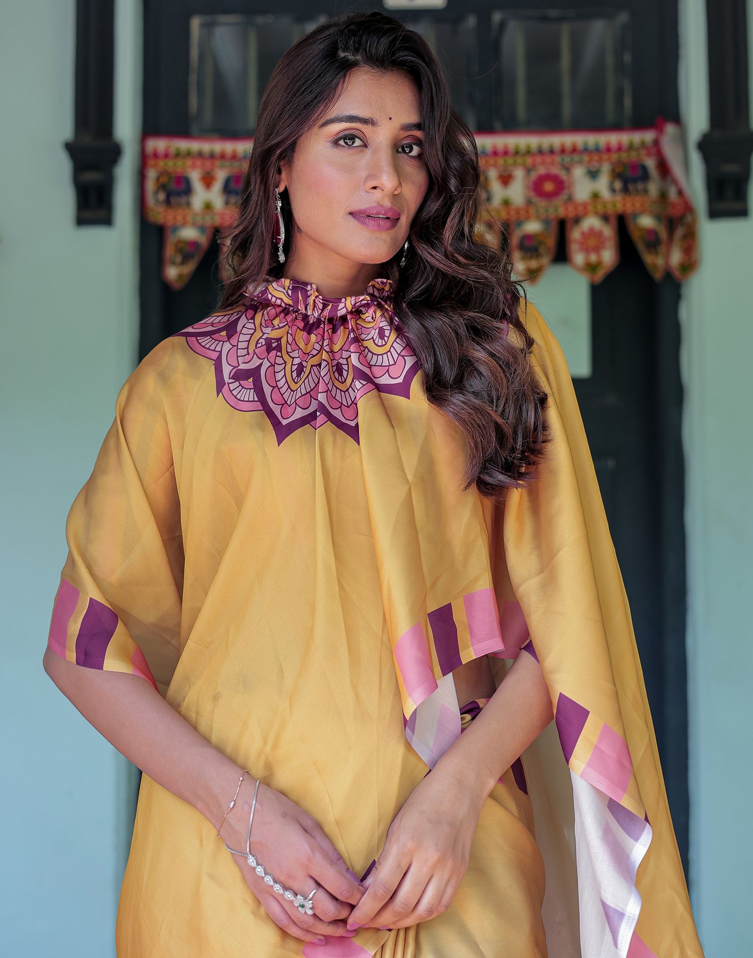 Handsfree Mustard Yellow Satin Printed Saree