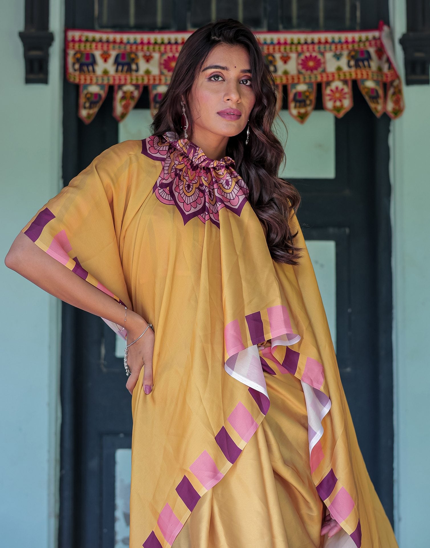 Handsfree Mustard Yellow Satin Printed Saree