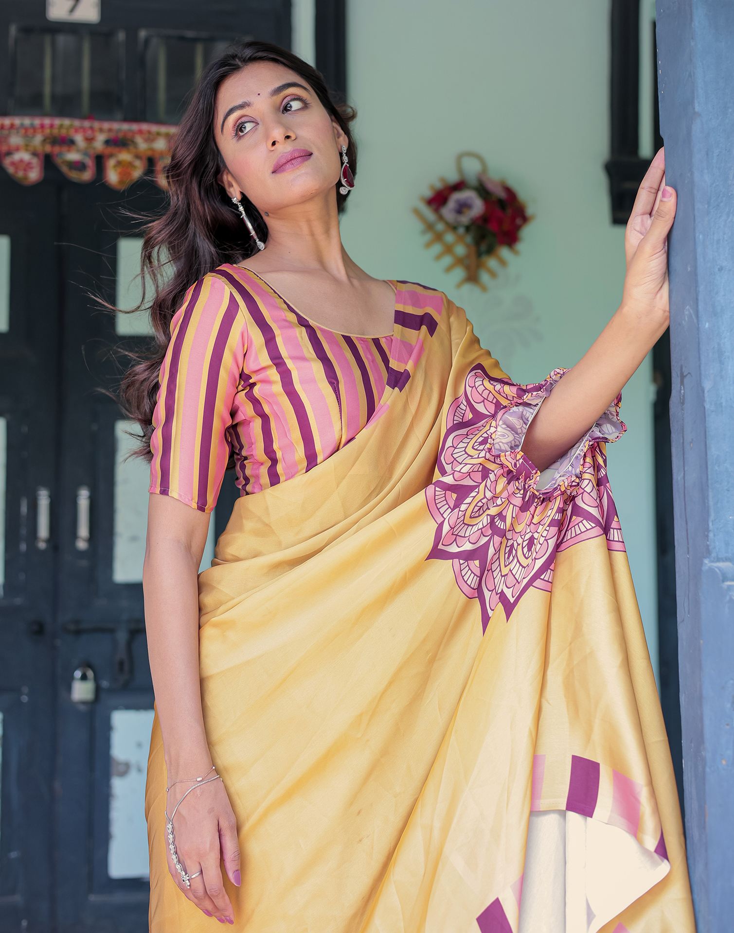 Handsfree Mustard Yellow Satin Printed Saree