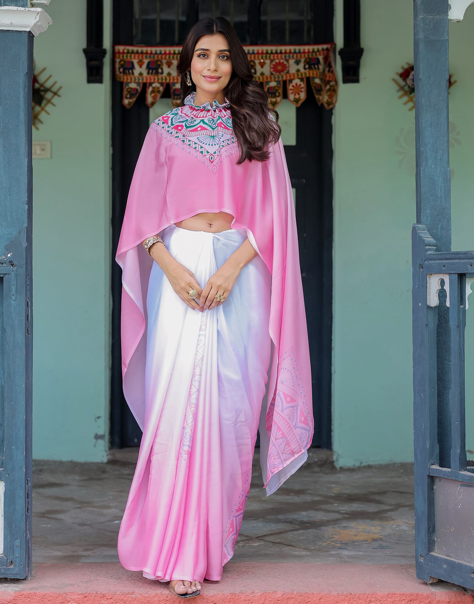 Handsfree White Satin Printed Saree