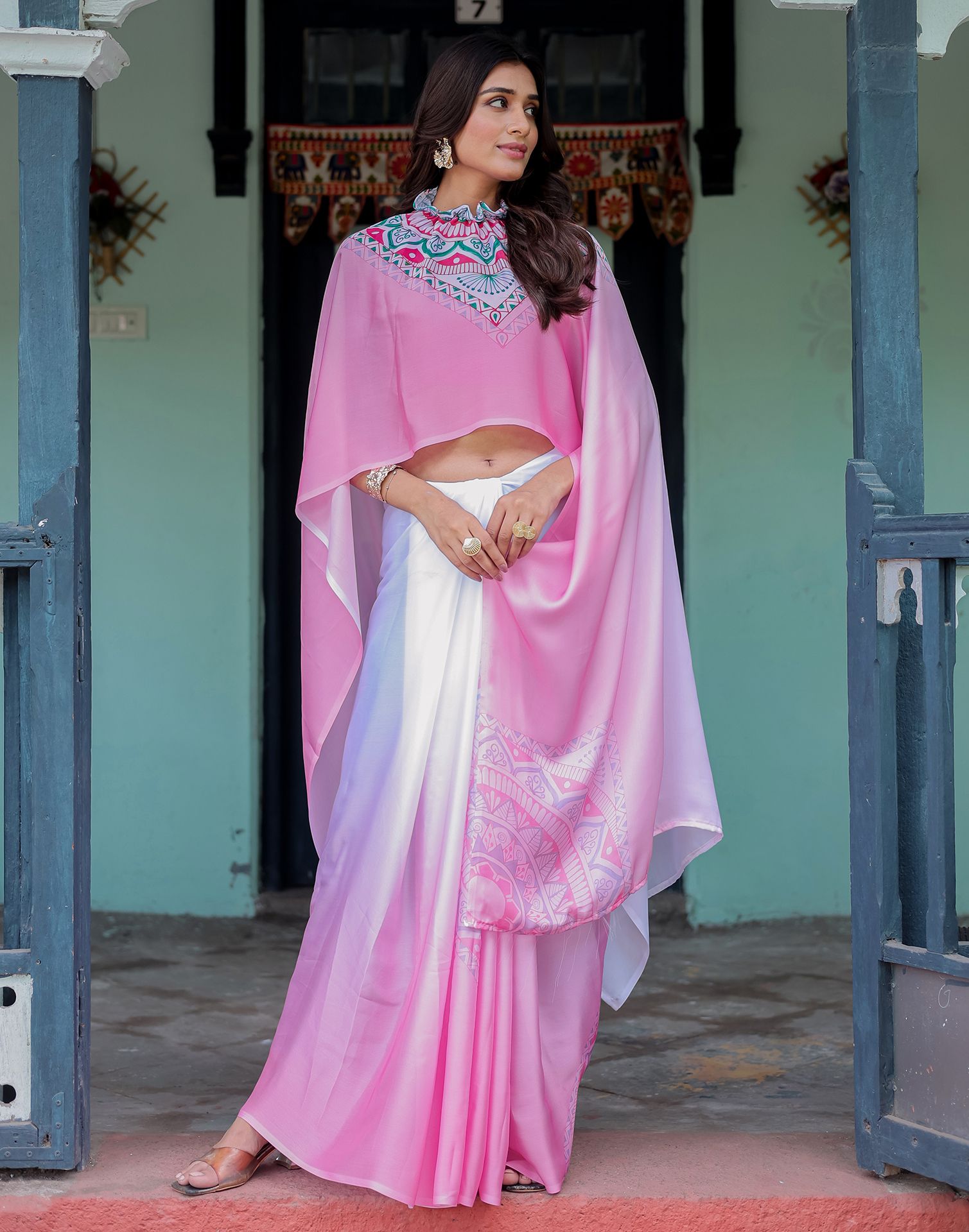 Handsfree White Satin Printed Saree