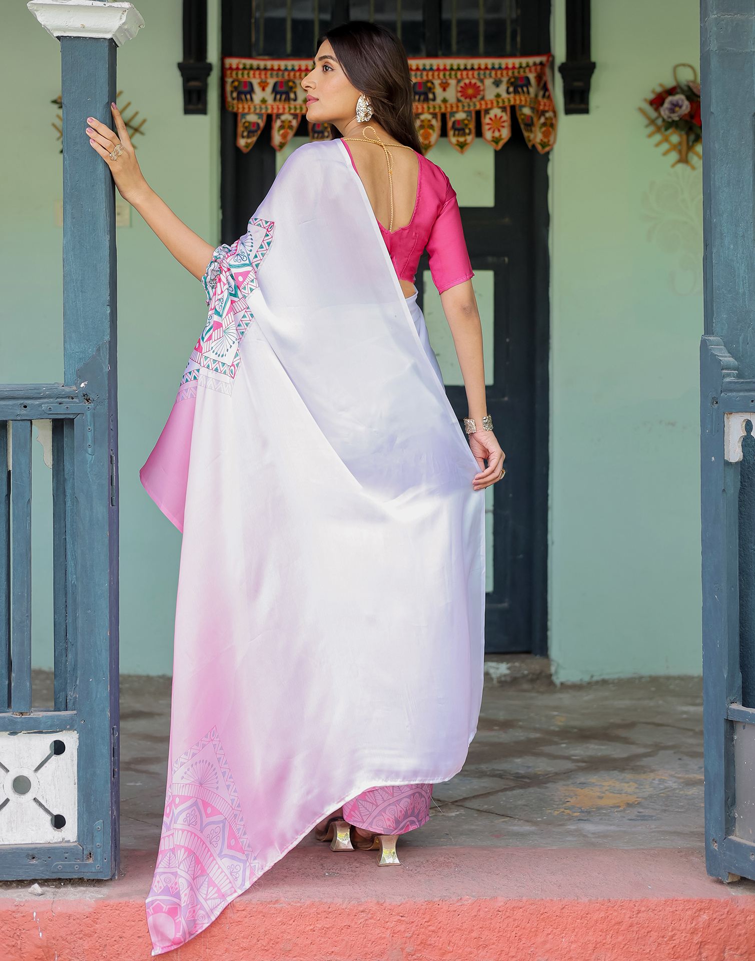Handsfree White Satin Printed Saree