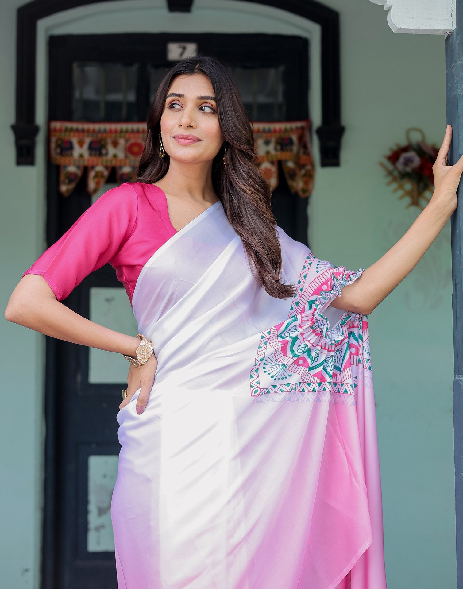 Handsfree White Satin Printed Saree