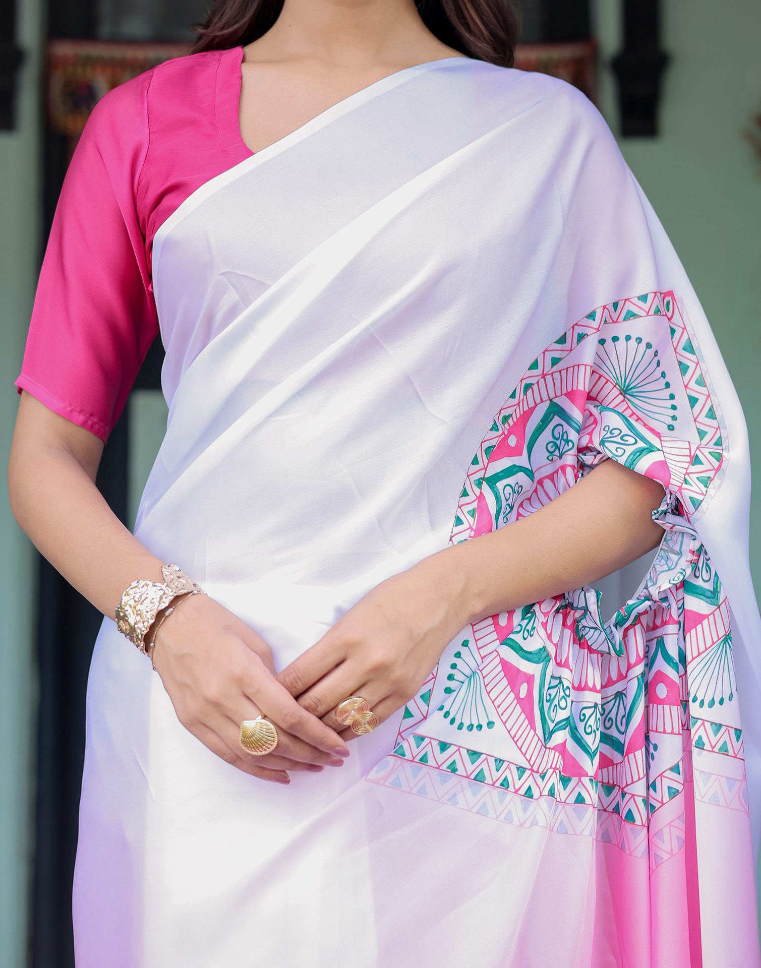 Handsfree White Satin Printed Saree