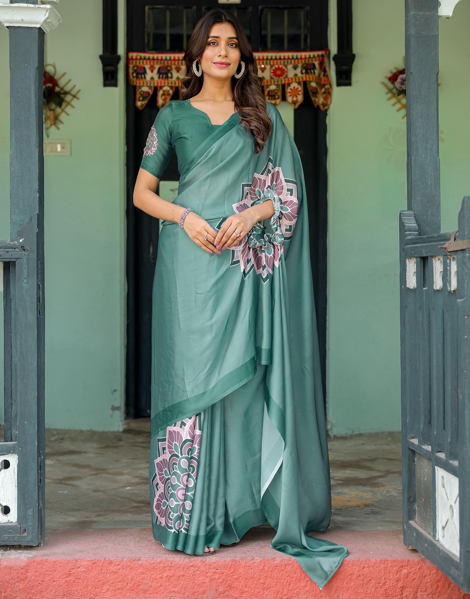 Handsfree Dusty Teal Green Satin Printed Saree
