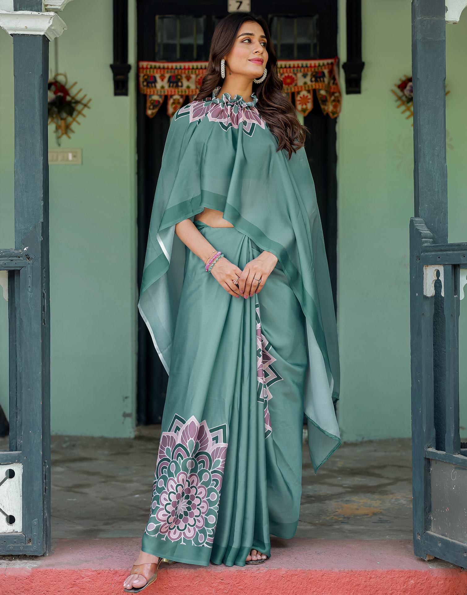 Handsfree Dusty Teal Green Satin Printed Saree