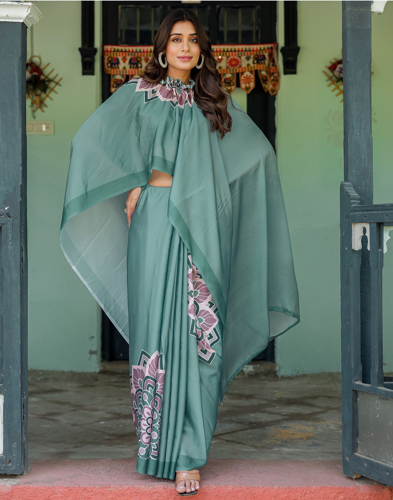 Handsfree Dusty Teal Green Satin Printed Saree