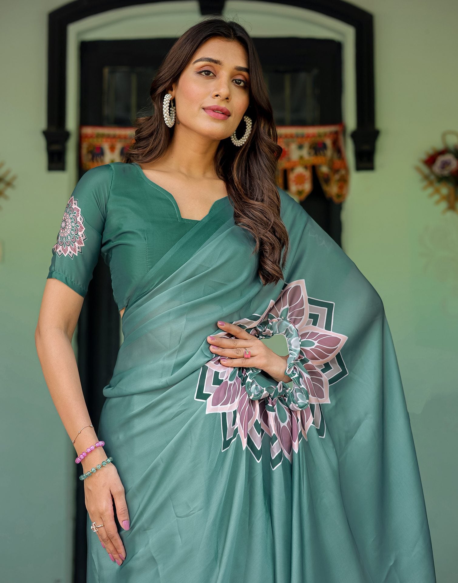 Handsfree Dusty Teal Green Satin Printed Saree