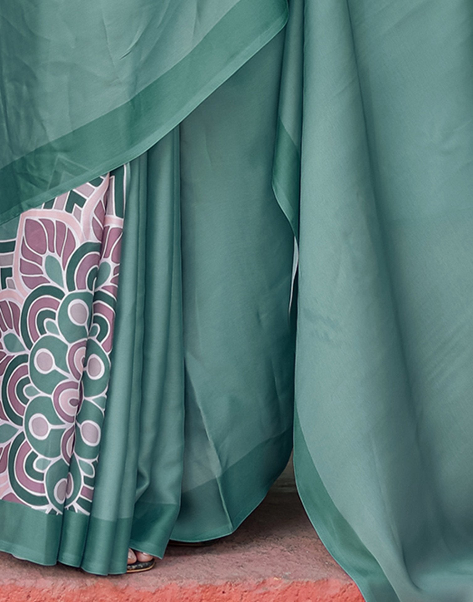 Handsfree Dusty Teal Green Satin Printed Saree