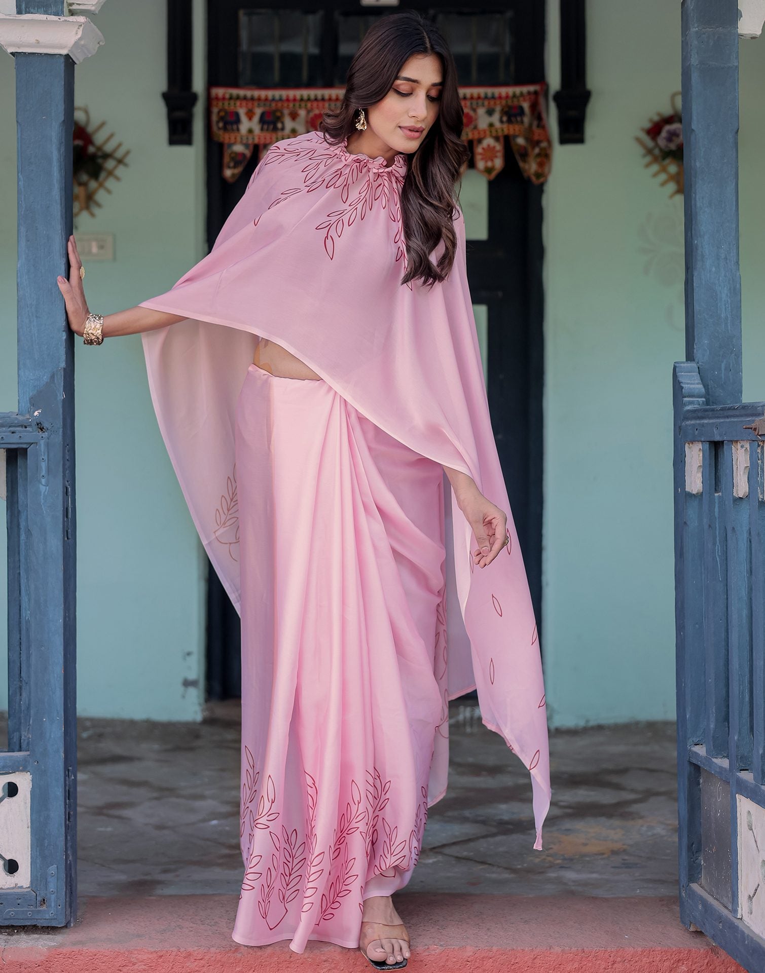 Handsfree Light Pink Satin Printed Saree