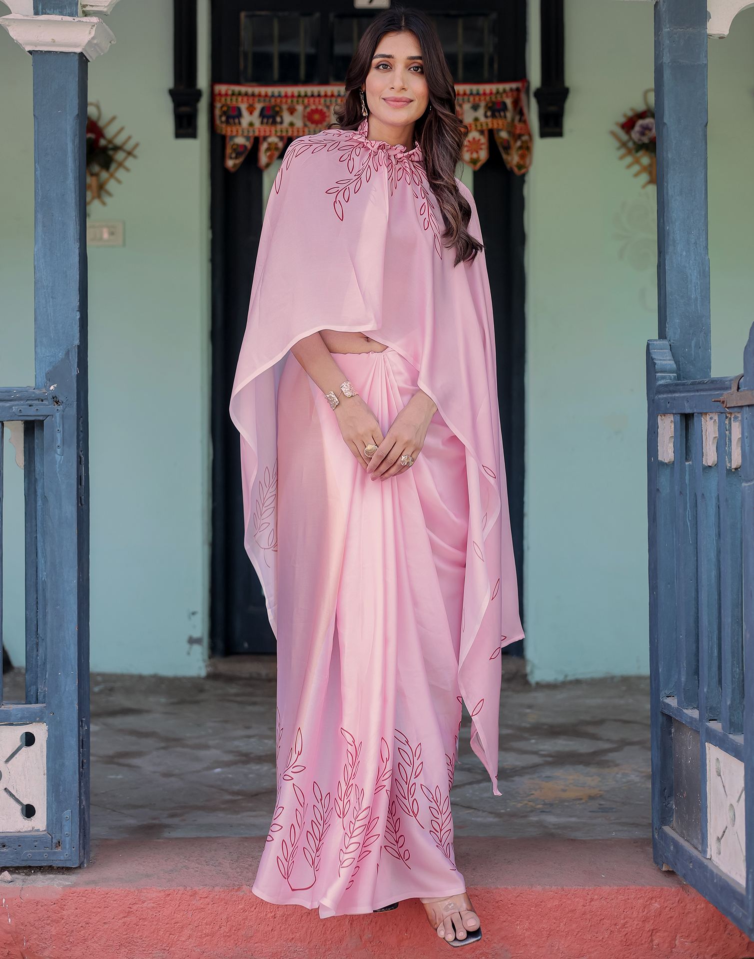 Handsfree Light Pink Satin Printed Saree