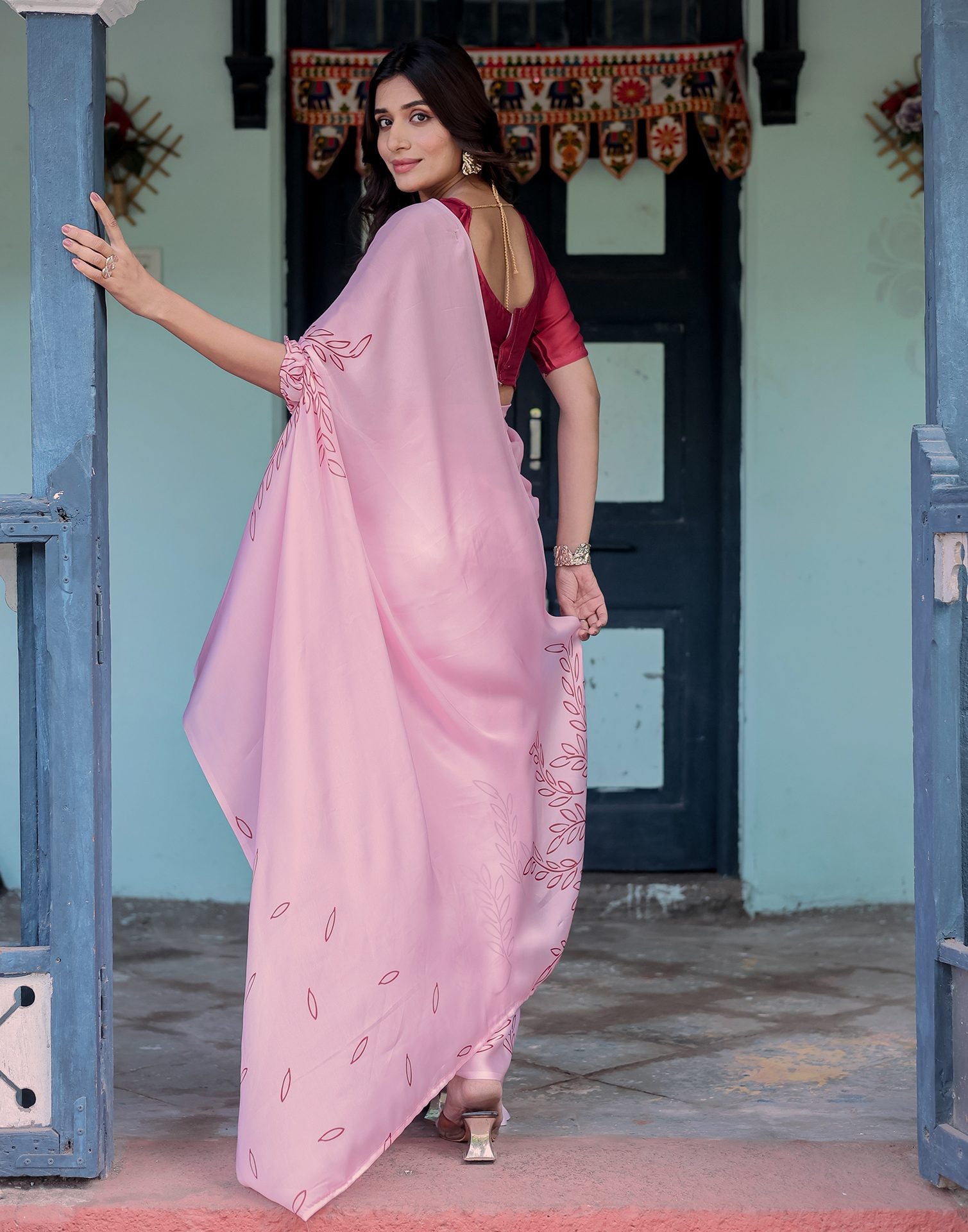 Handsfree Light Pink Satin Printed Saree