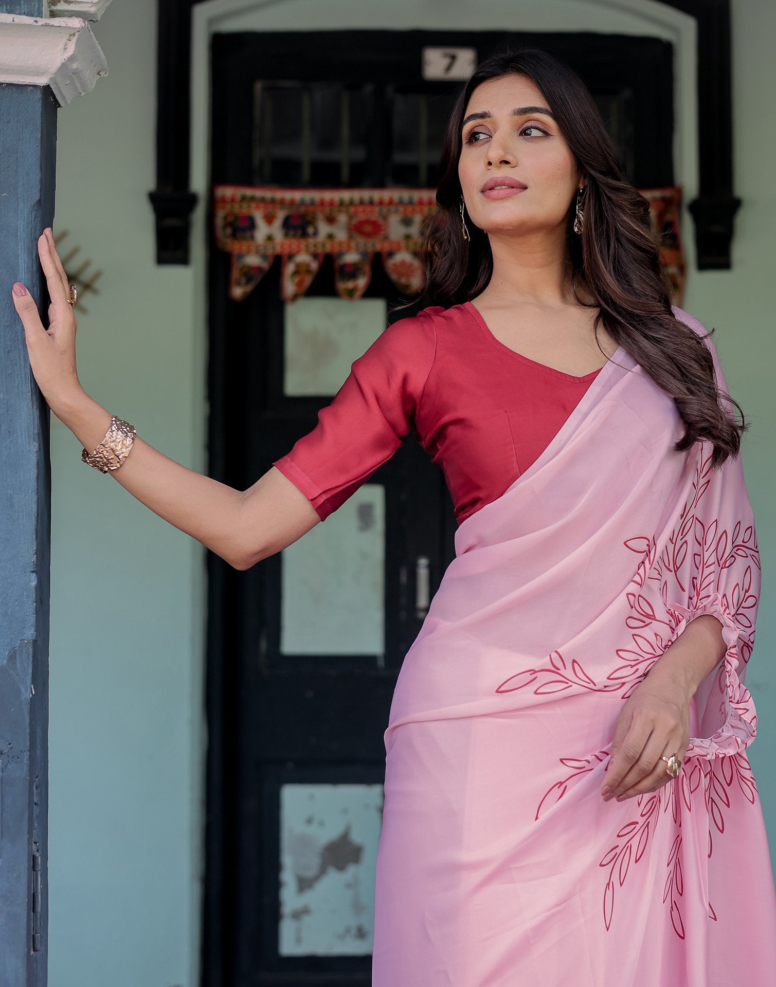 Handsfree Light Pink Satin Printed Saree