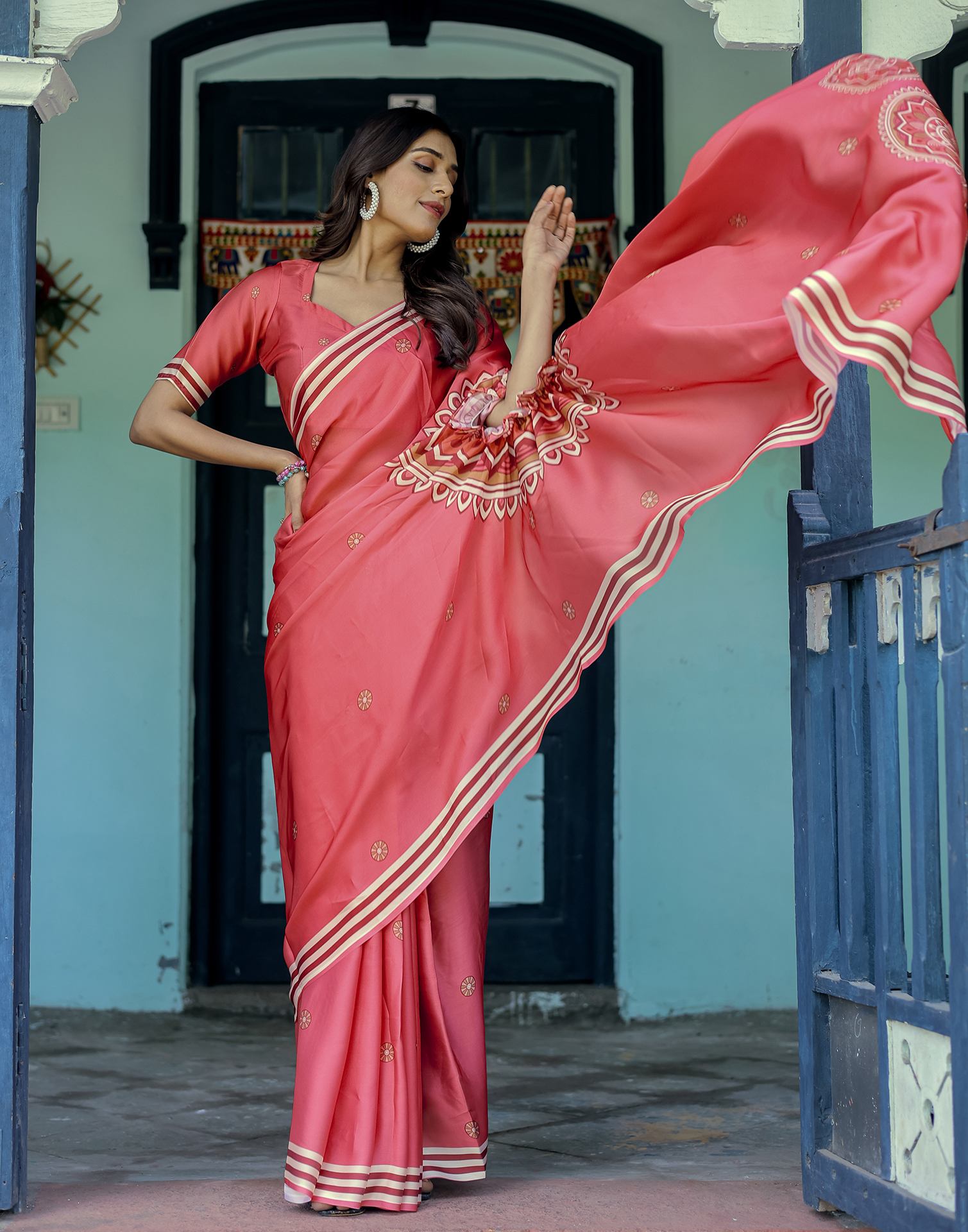 Handsfree Light Red Satin Printed Saree
