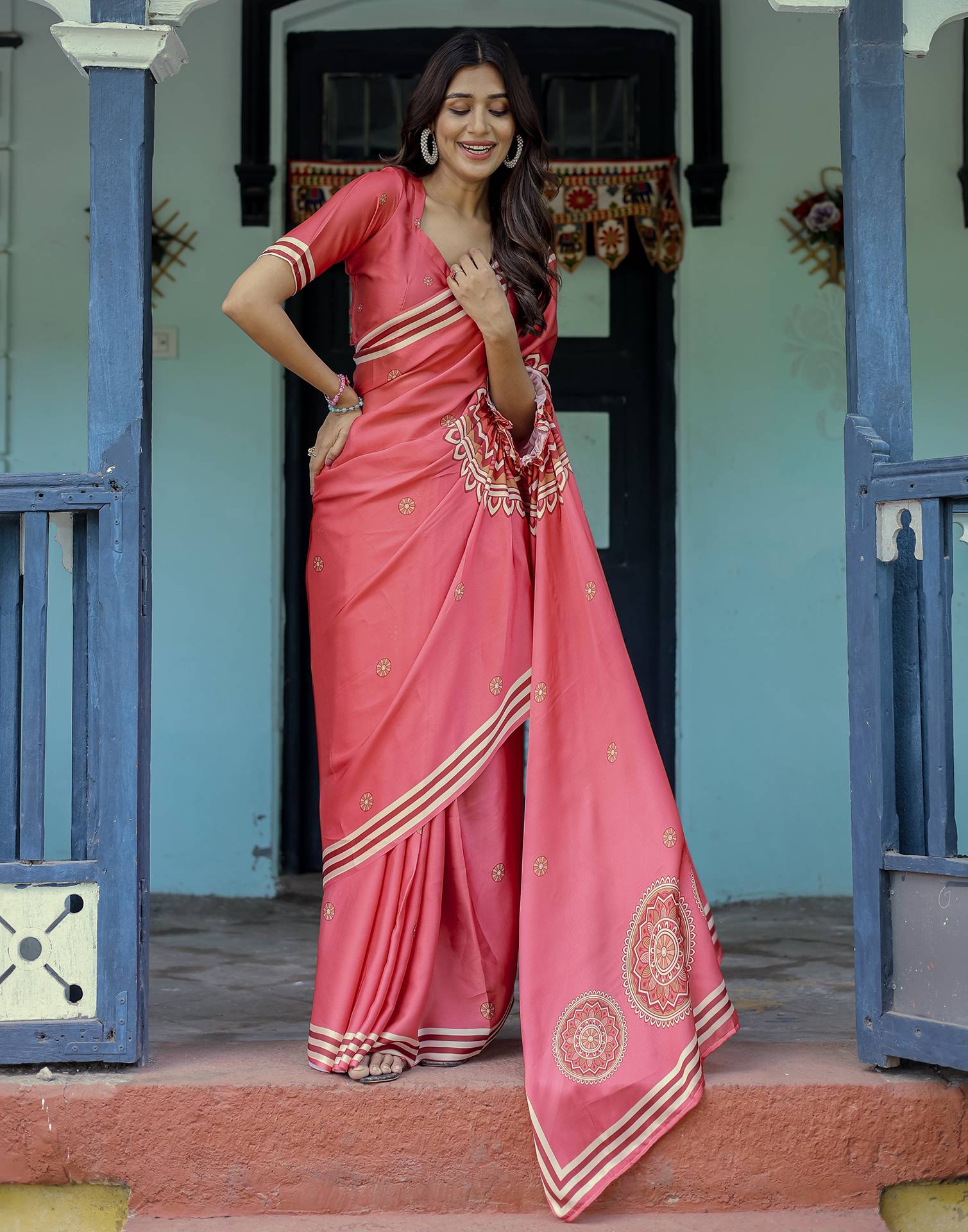 Handsfree Light Red Satin Printed Saree