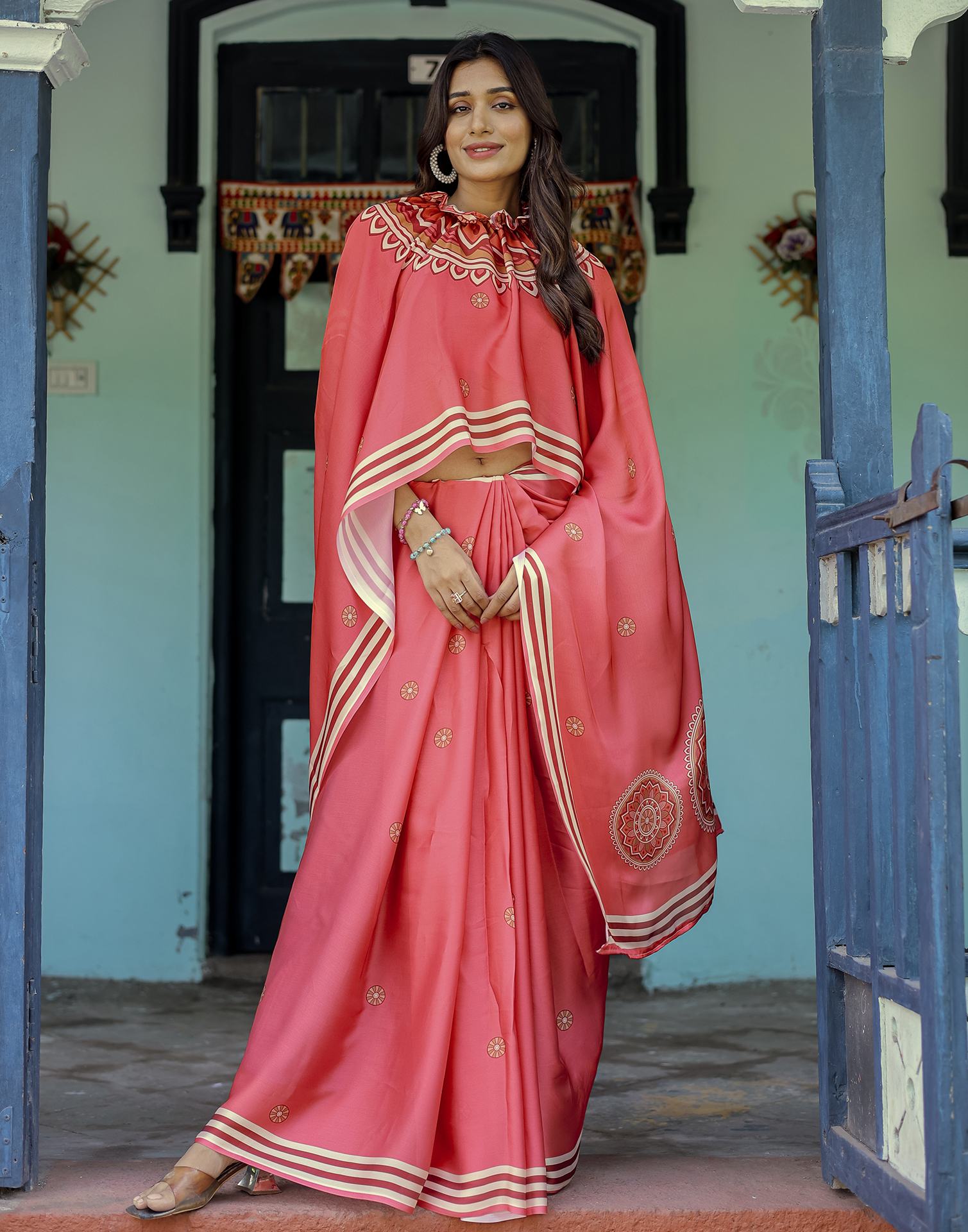 Handsfree Light Red Satin Printed Saree