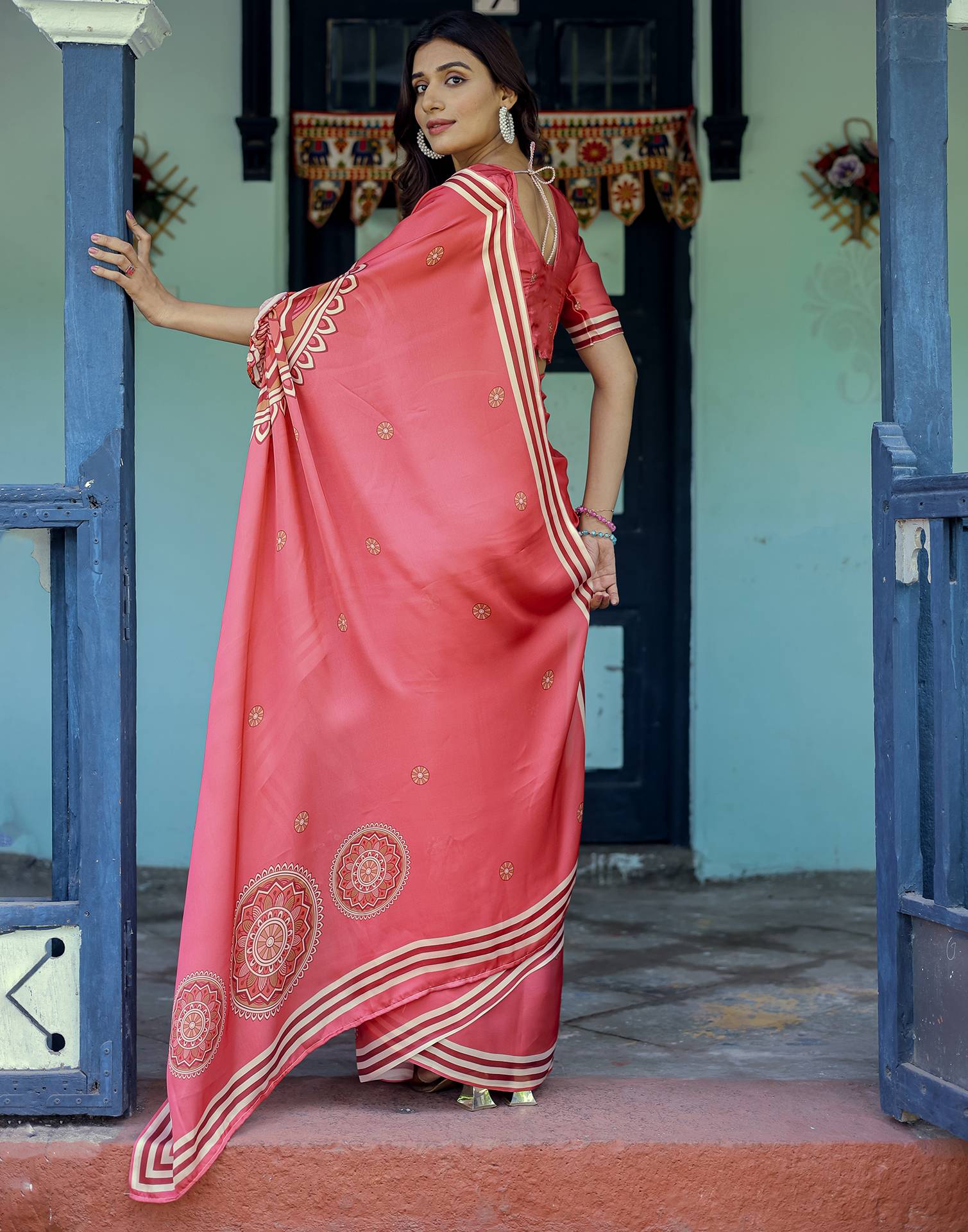 Handsfree Light Red Satin Printed Saree