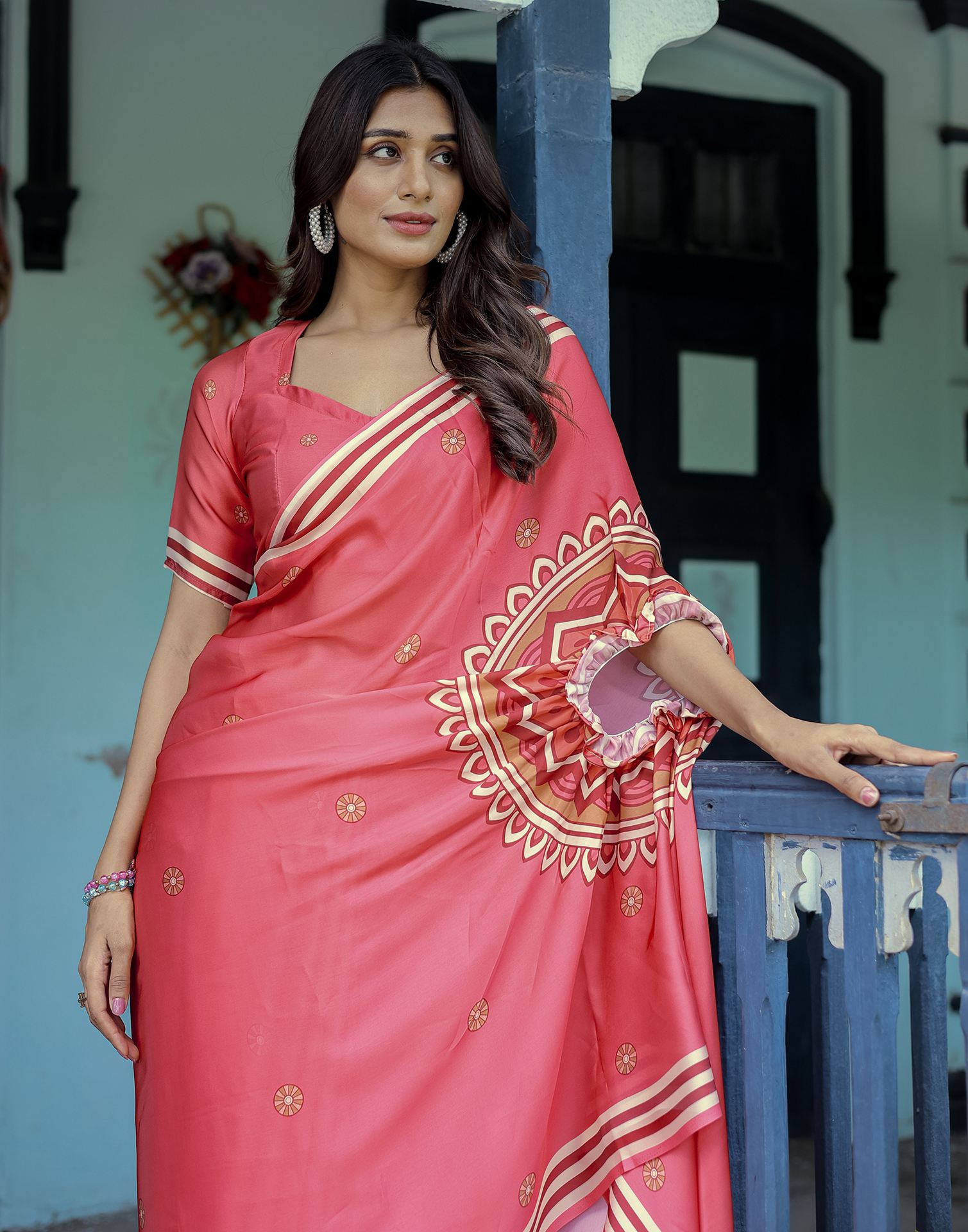 Handsfree Light Red Satin Printed Saree