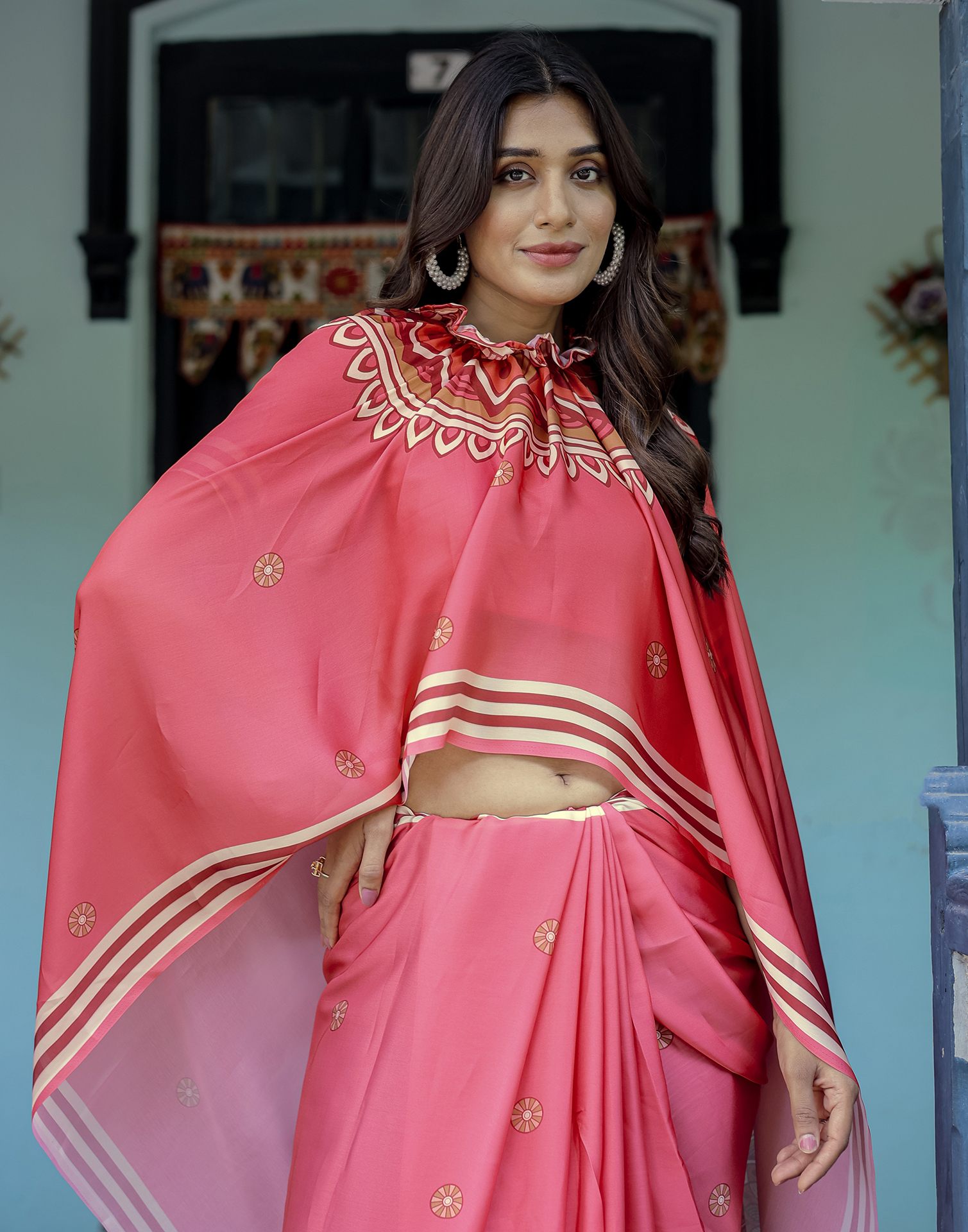 Handsfree Light Red Satin Printed Saree