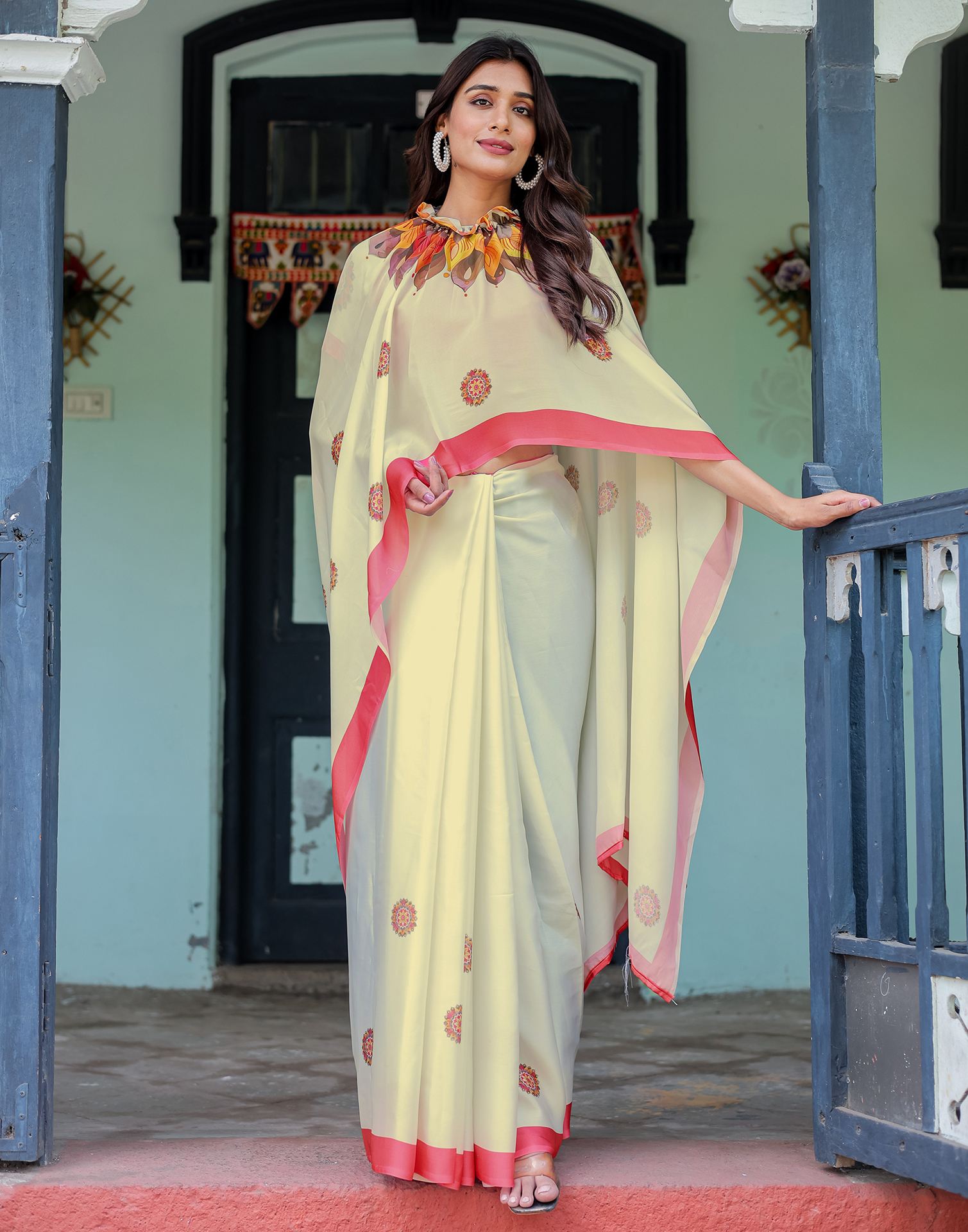 Handsfree Off White Satin Printed Saree