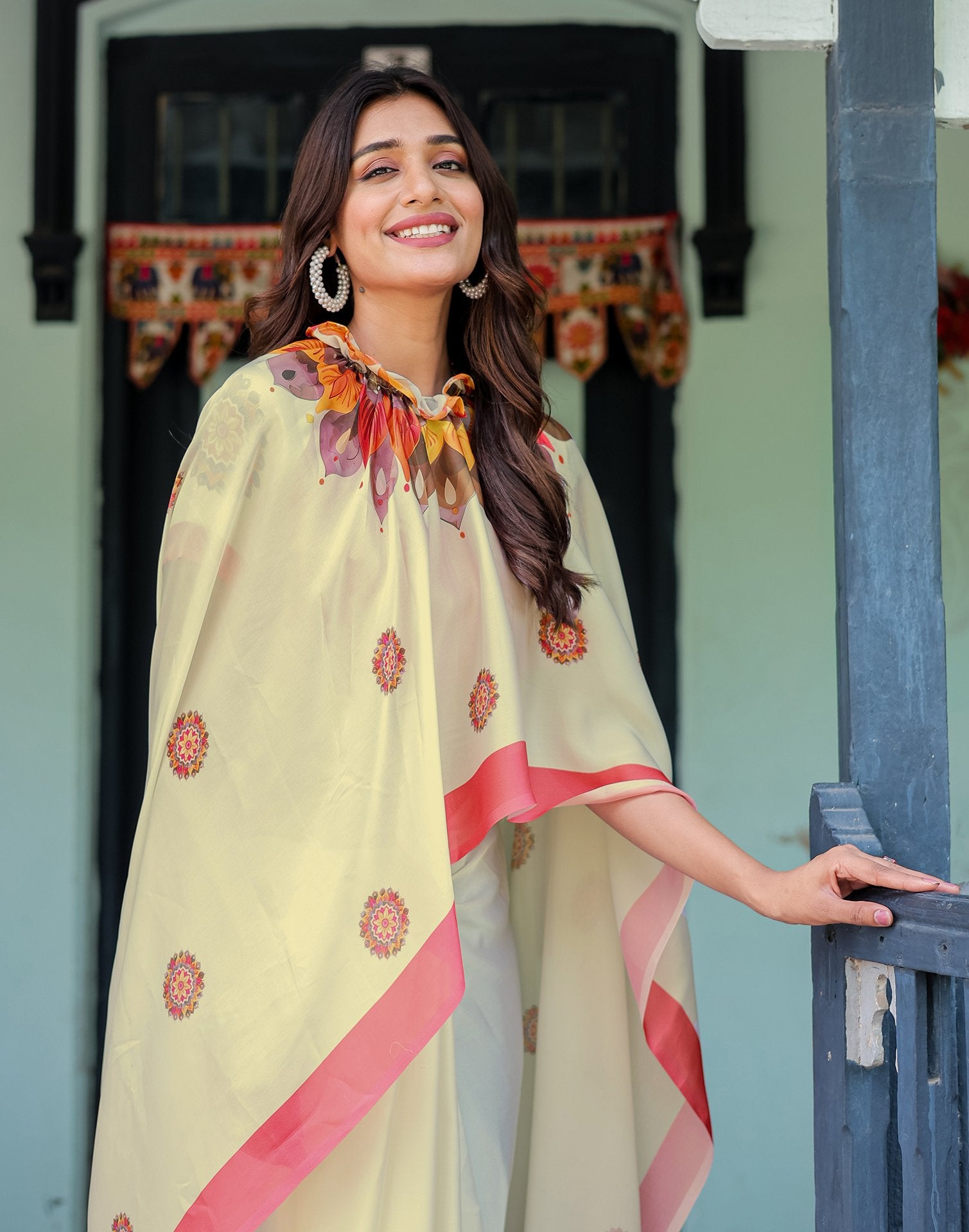 Handsfree Off White Satin Printed Saree