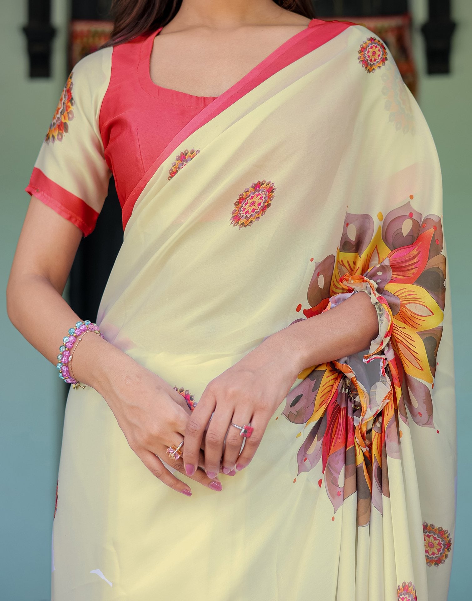 Handsfree Off White Satin Printed Saree