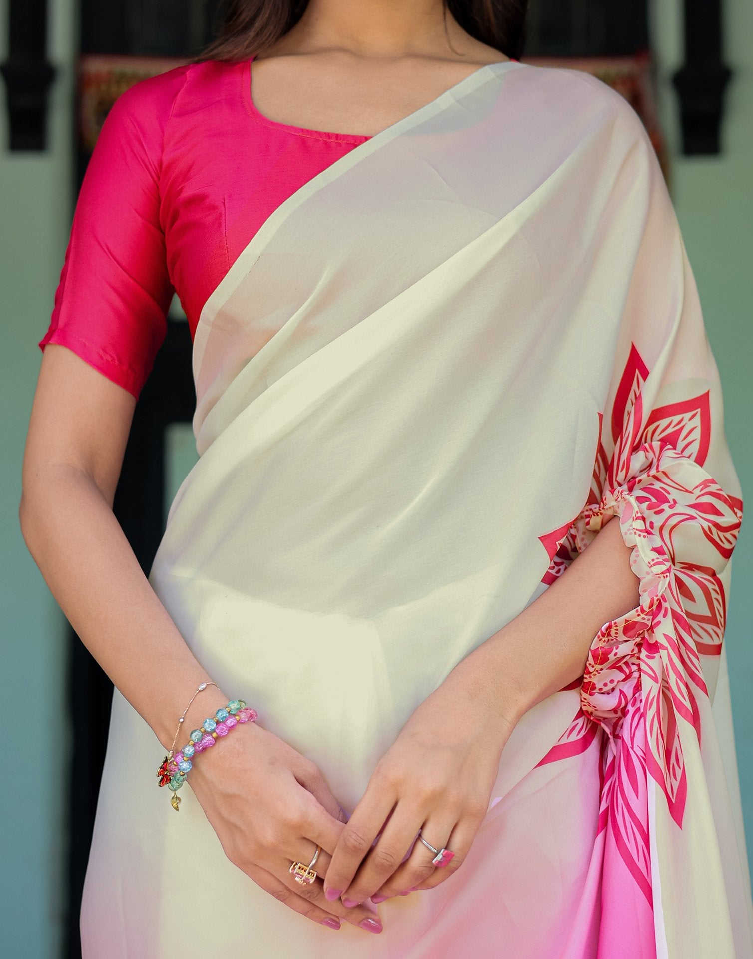 Handsfree White Satin Printed Saree