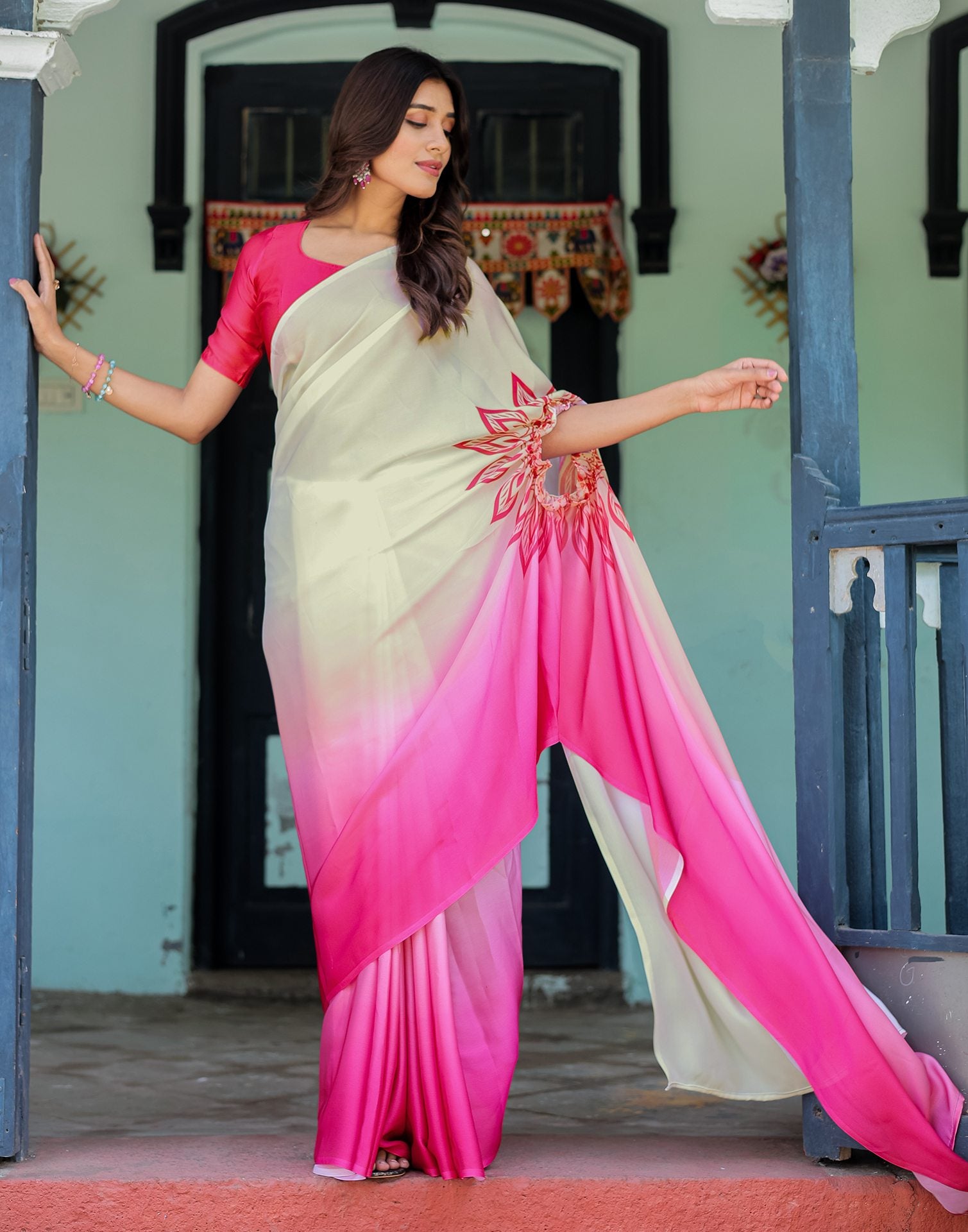 Handsfree White Satin Printed Saree