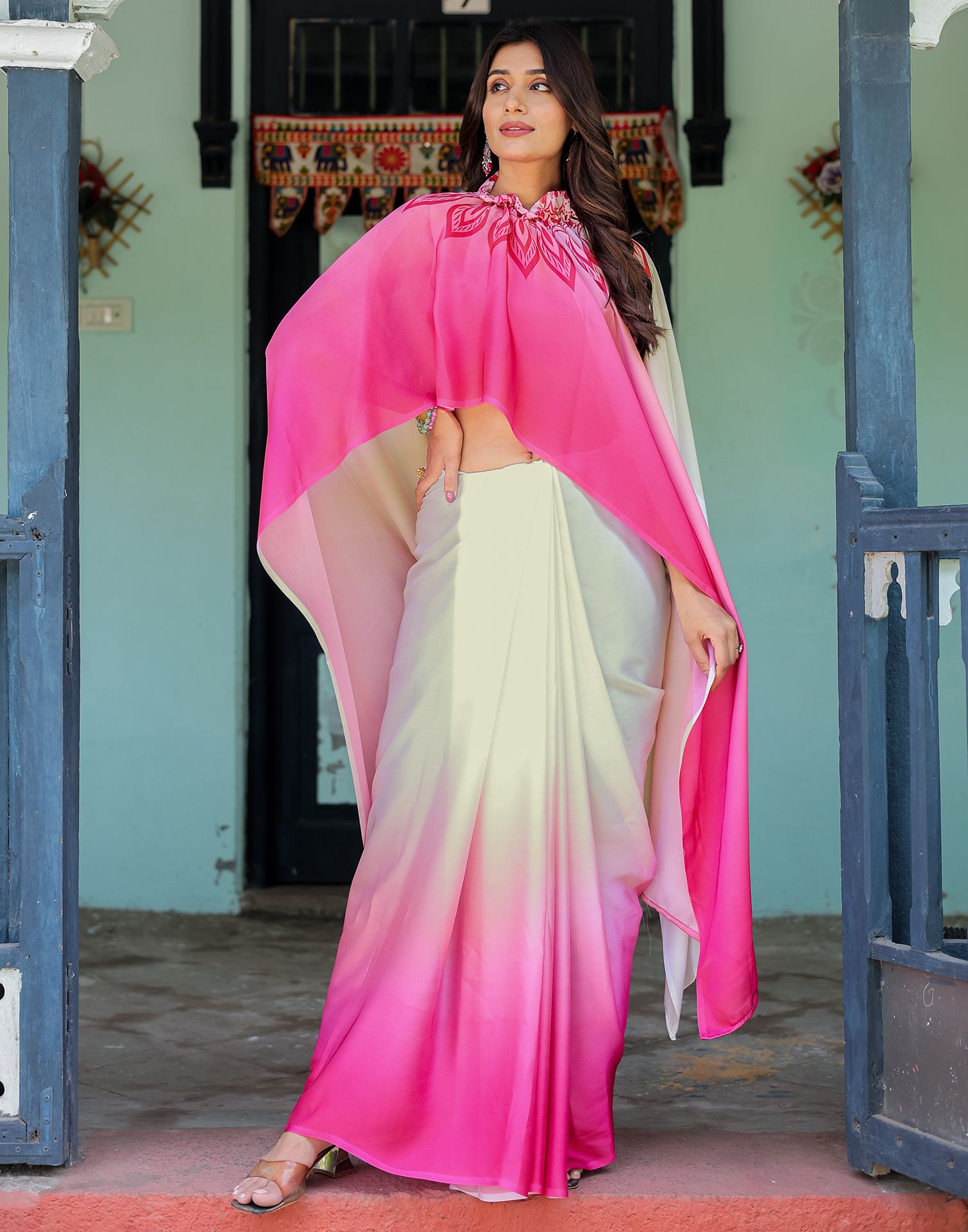 Handsfree White Satin Printed Saree