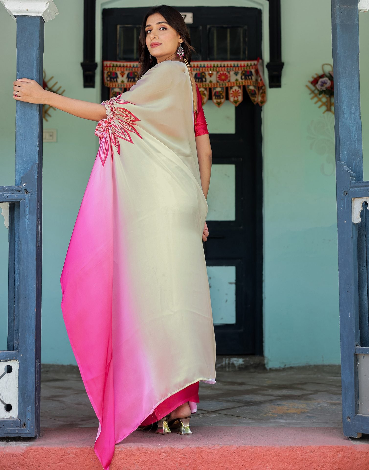 Handsfree White Satin Printed Saree