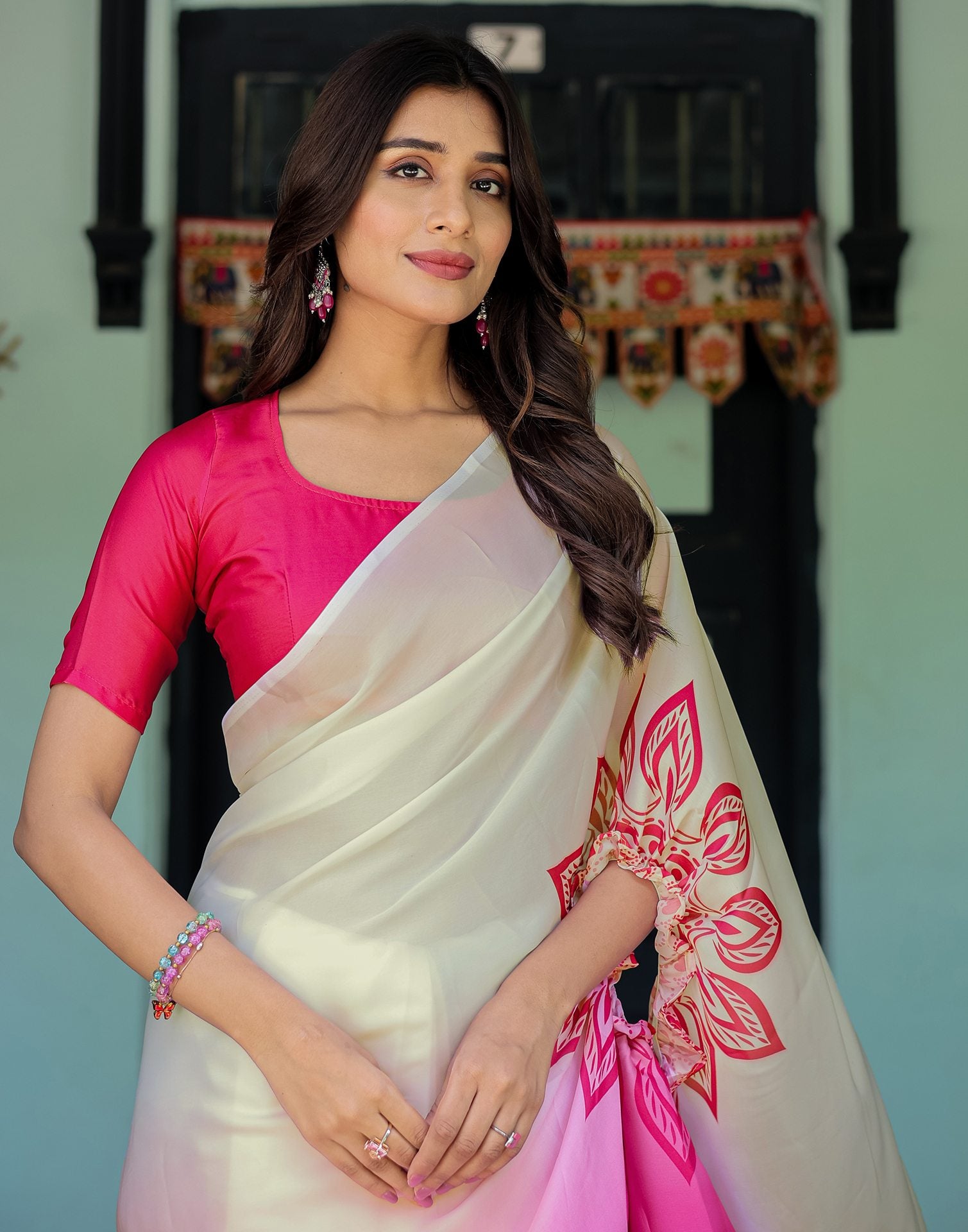 Handsfree White Satin Printed Saree