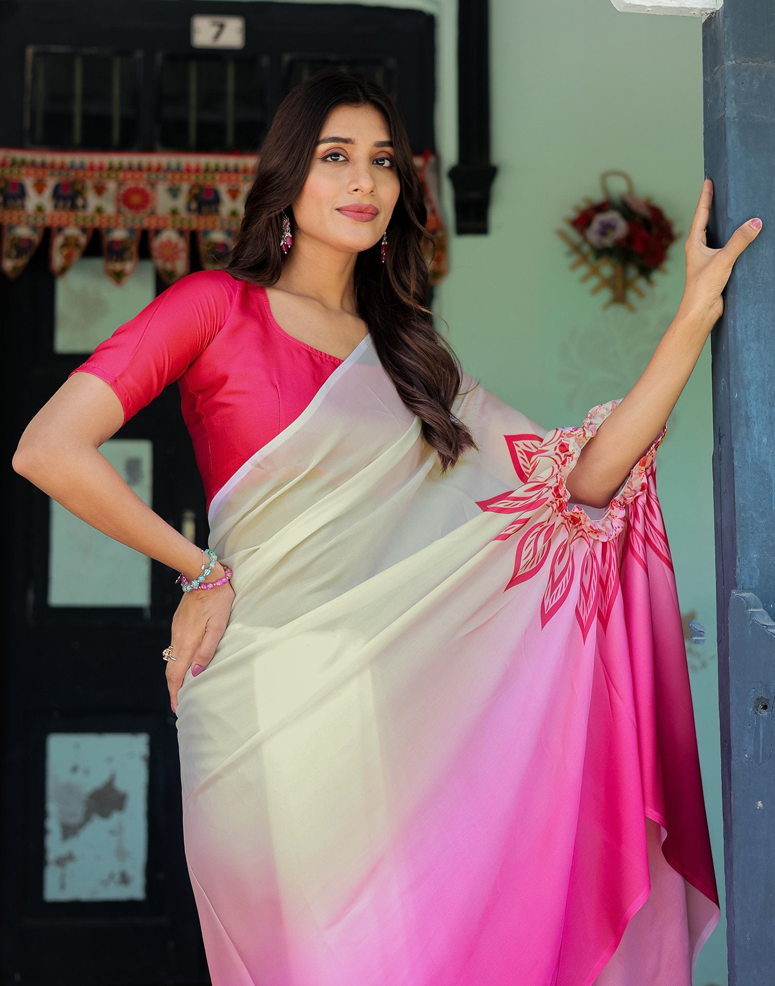 Handsfree White Satin Printed Saree