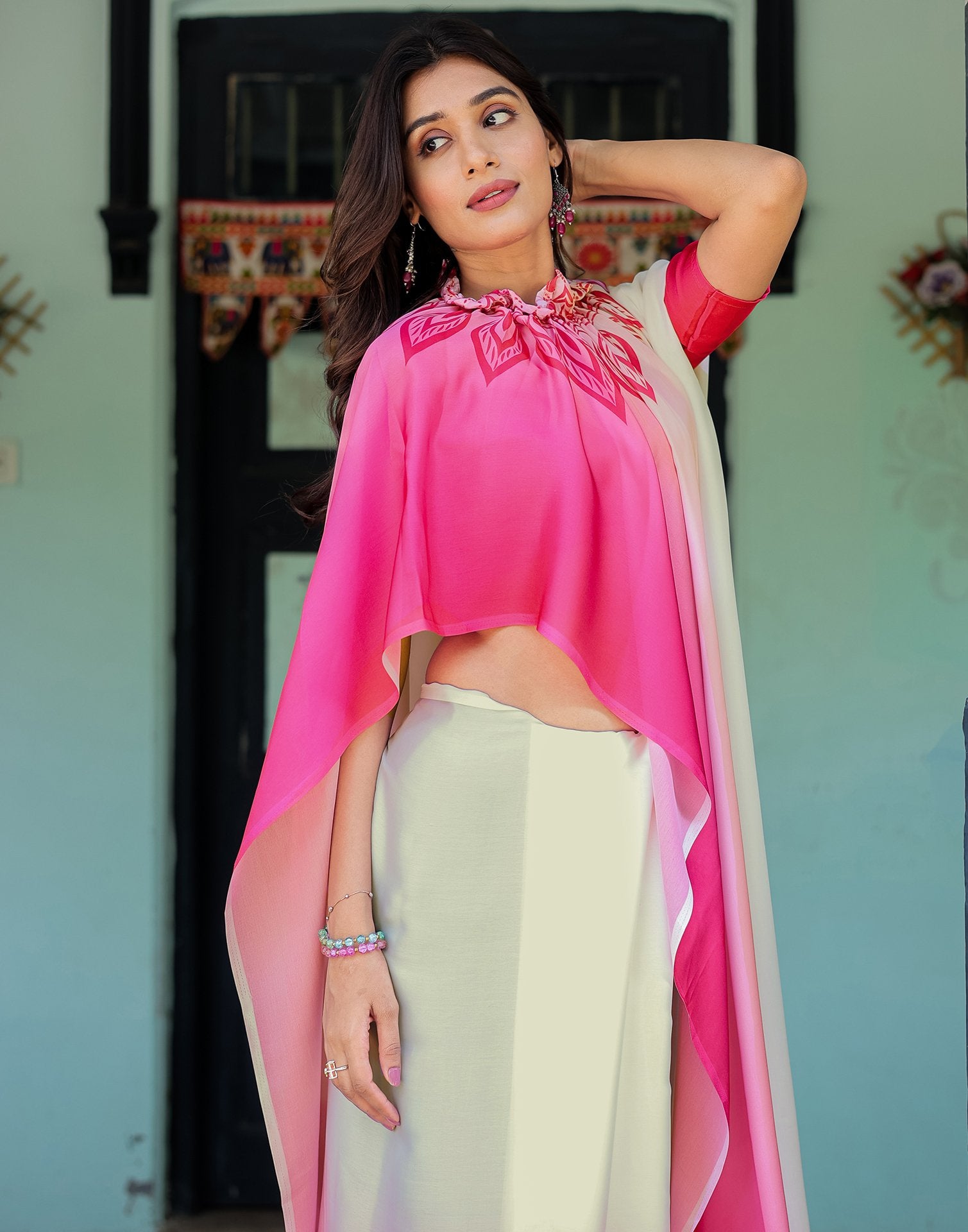 Handsfree White Satin Printed Saree